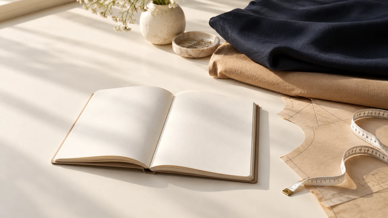 Open notebook with navy and camel fabric references on a sunlit table.