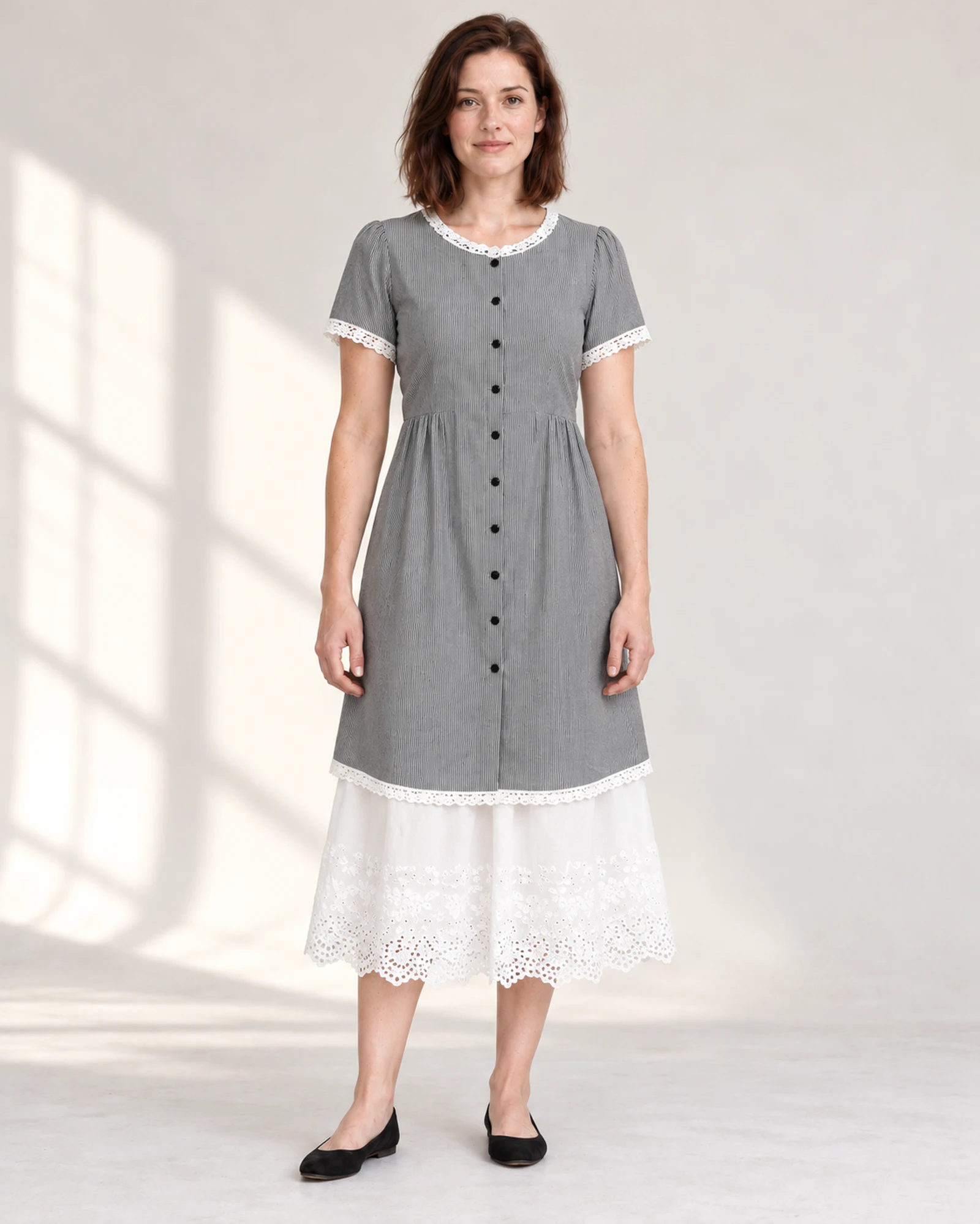 Buttoned Overlayer & Lace-Hem Set, styling view, SKU 1033084116658