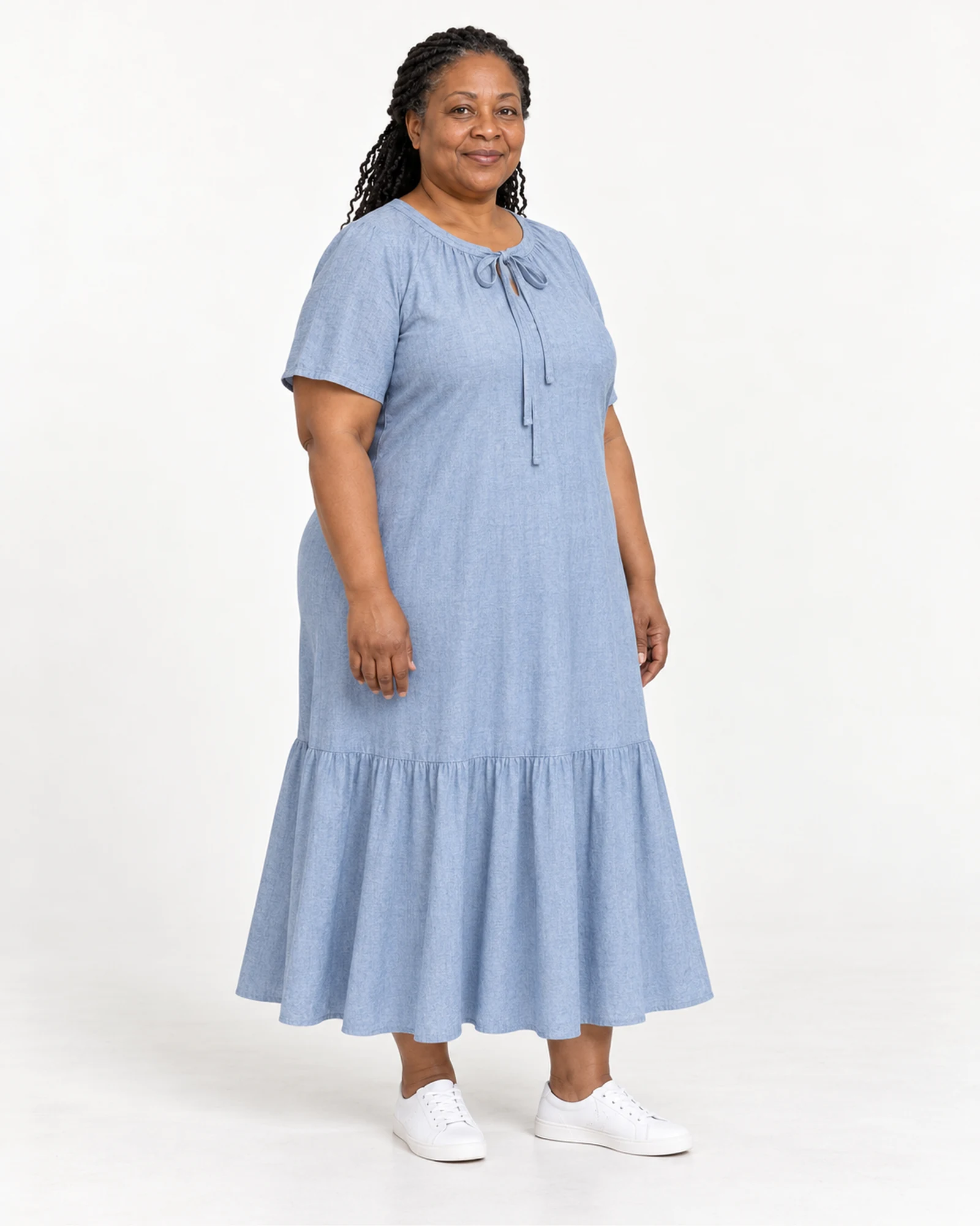 Tie-Neck Ruffle-Hem Dress, styling view, SKU 1033088968180