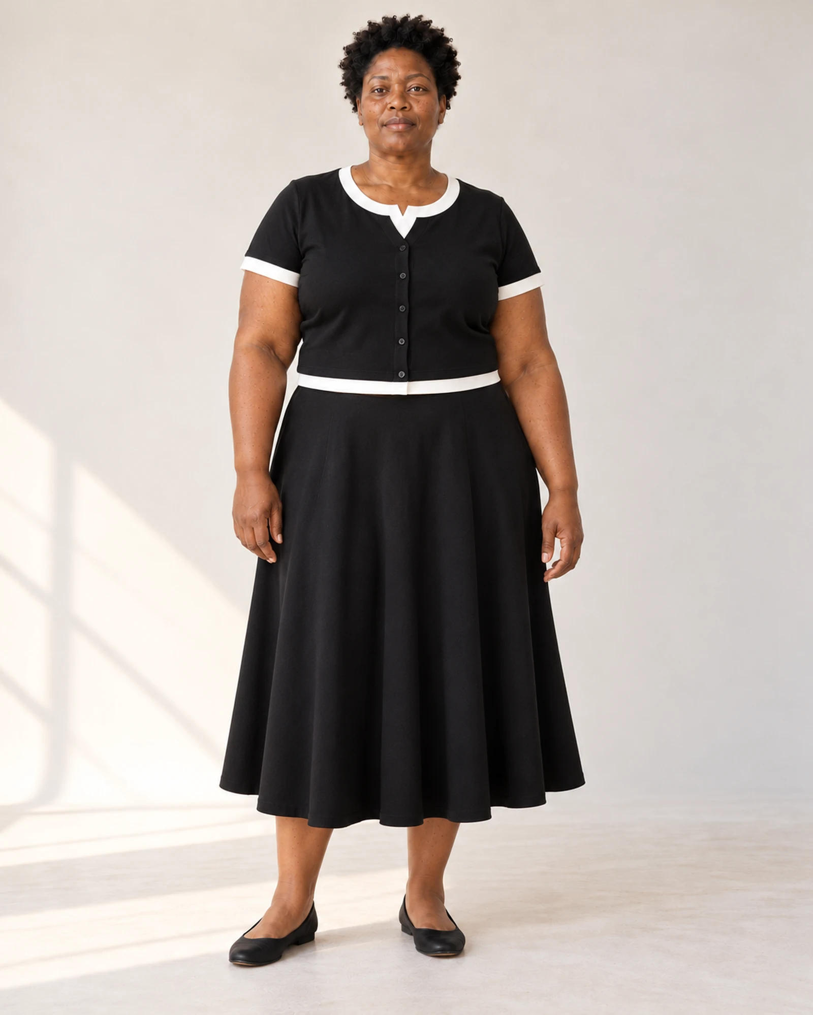 Contrast-Trim Top & Skirt Set, styling view, SKU 1033218276208