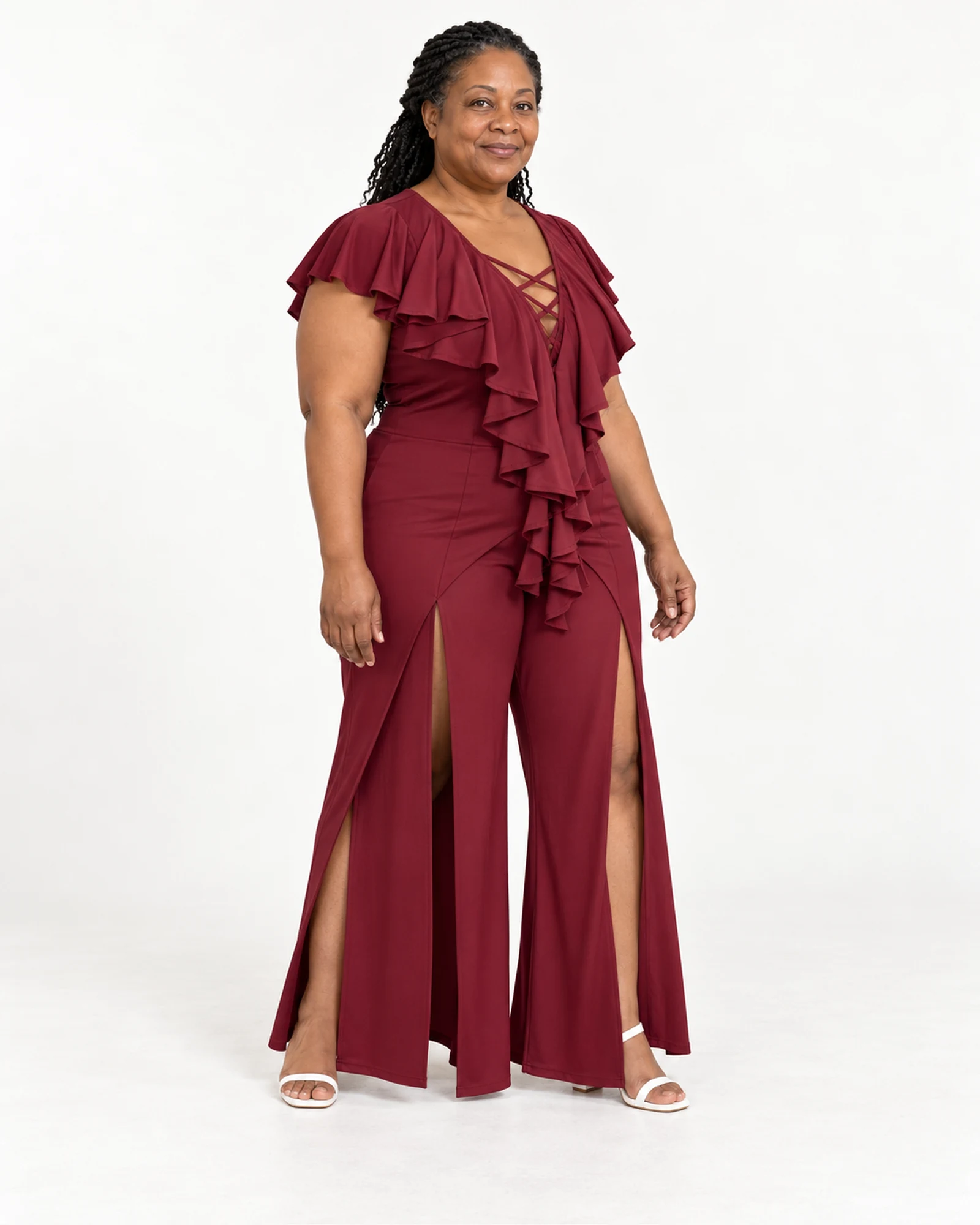Ruffle-Front Split-Leg Jumpsuit, styling view, SKU 1040037901348