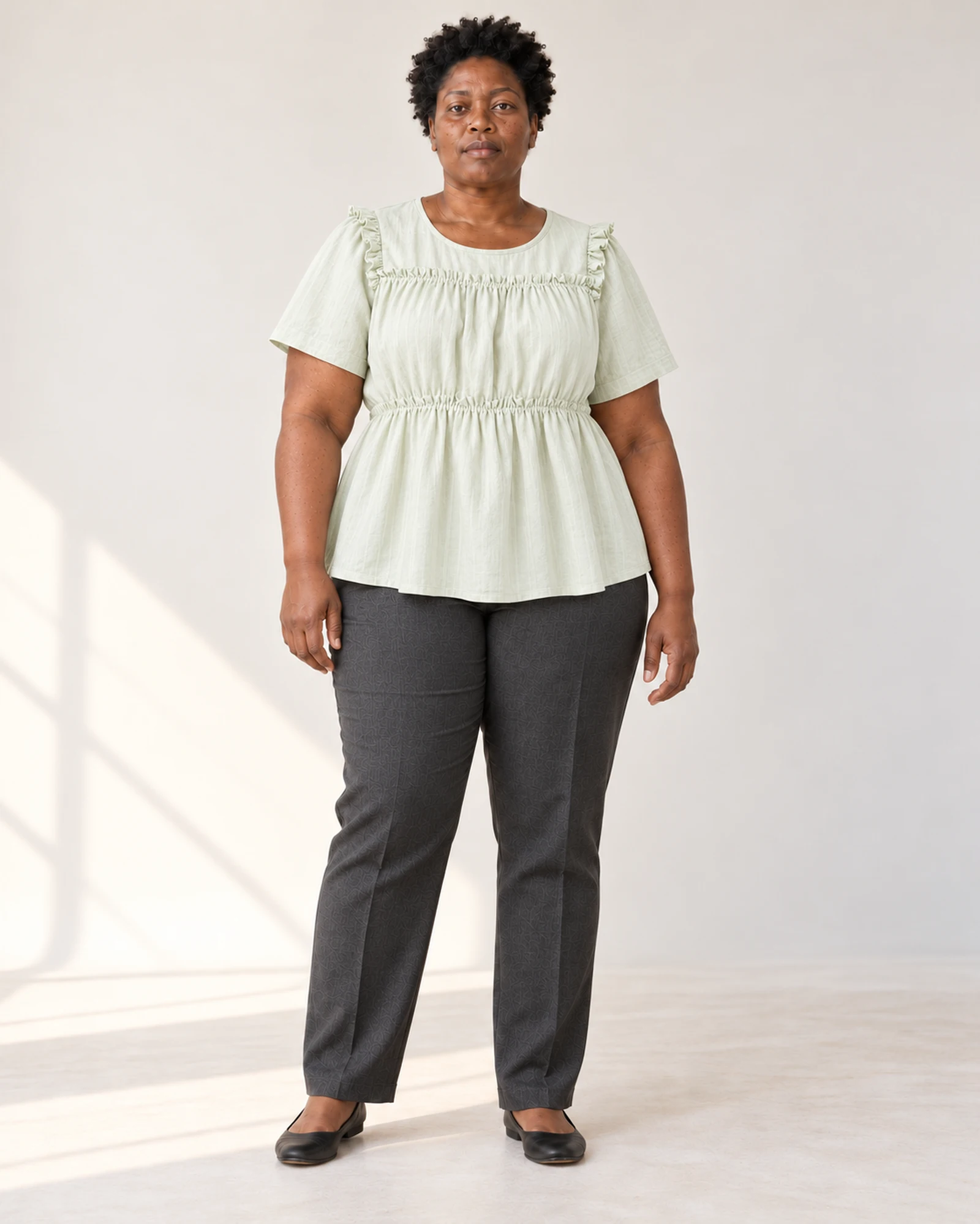 Ruffle-Yoke Gathered-Waist Top, styling view, SKU 1042695231598