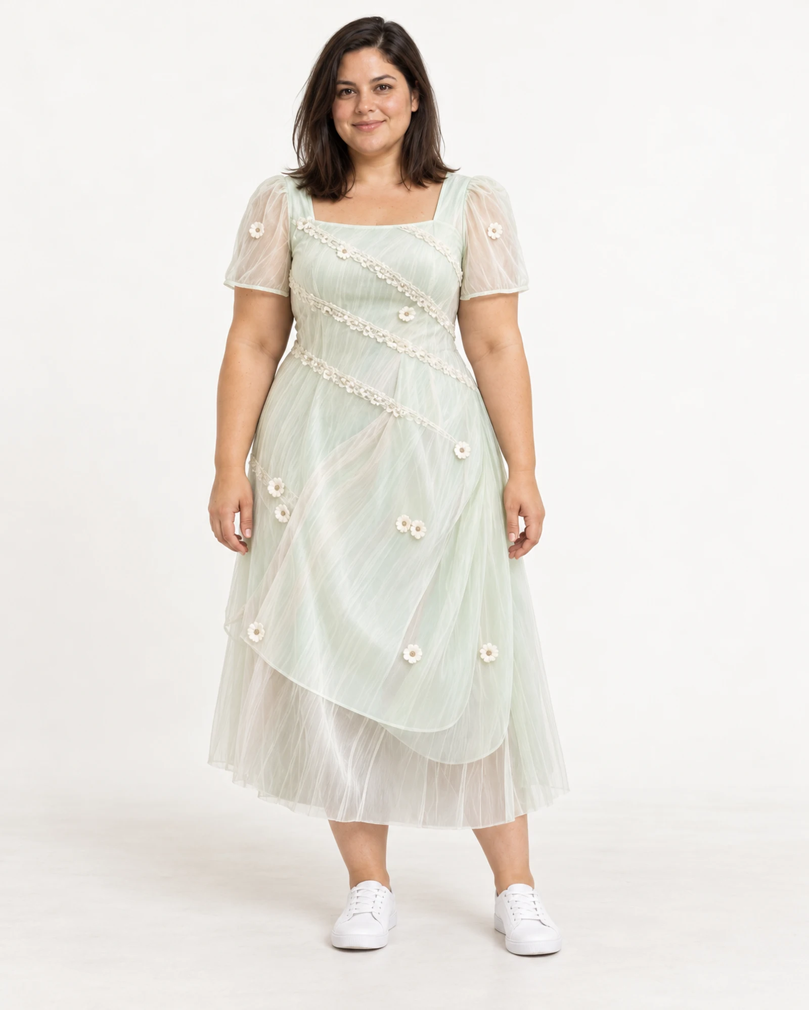 Layered-Hem Puff-Sleeve Dress, styling view, SKU 1051283361846