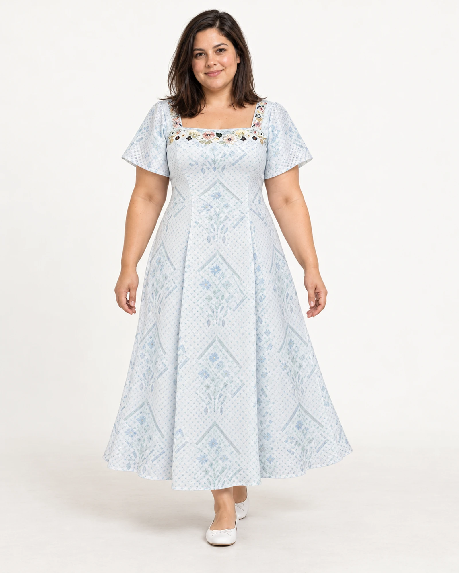 Square-Neck Printed Dress, styling view, SKU 1052012386106