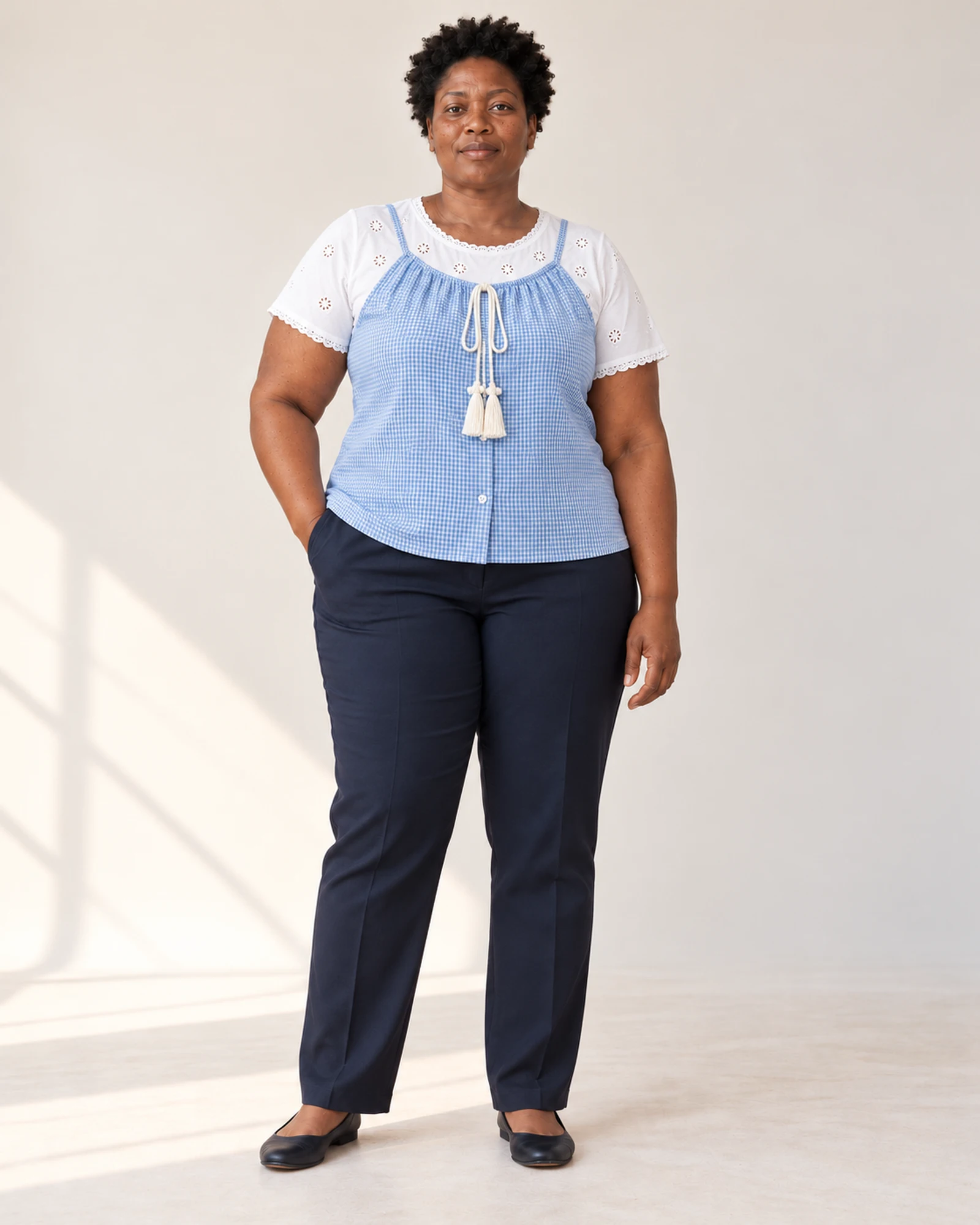 Layered-Look Tie-Neck Top, styling view, SKU 1054600267569