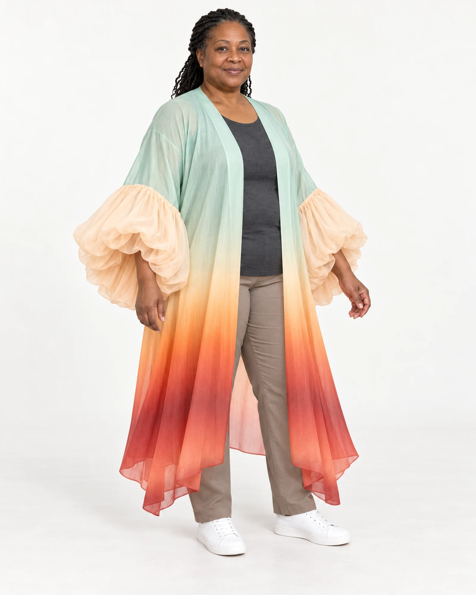 Gradient Ruffle-Cuff Longline Cover-Up, styling view, SKU 10889