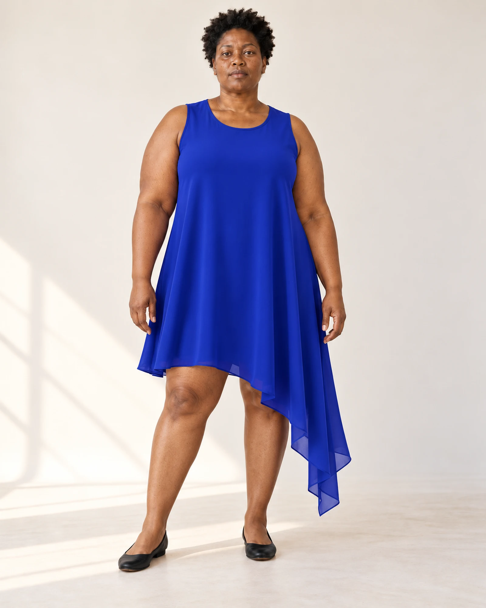 Sleeveless Asymmetric-Hem Dress, styling view, SKU 3042
