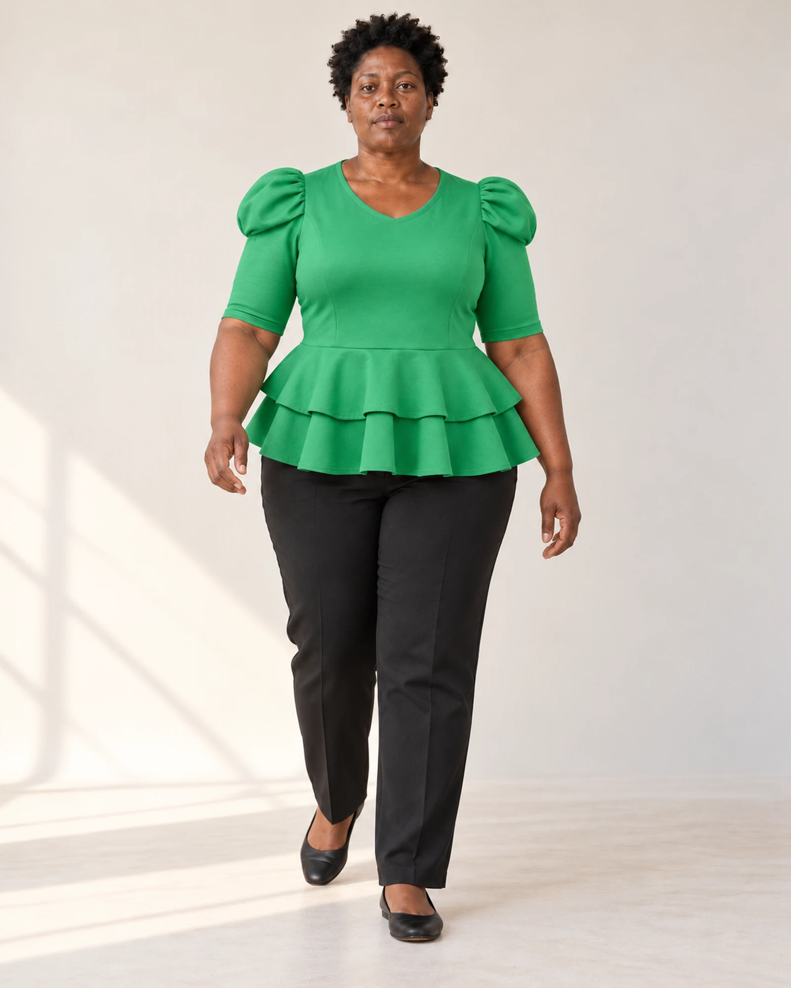 Puff-Sleeve Tiered Peplum Top, styling view, SKU 635526118943