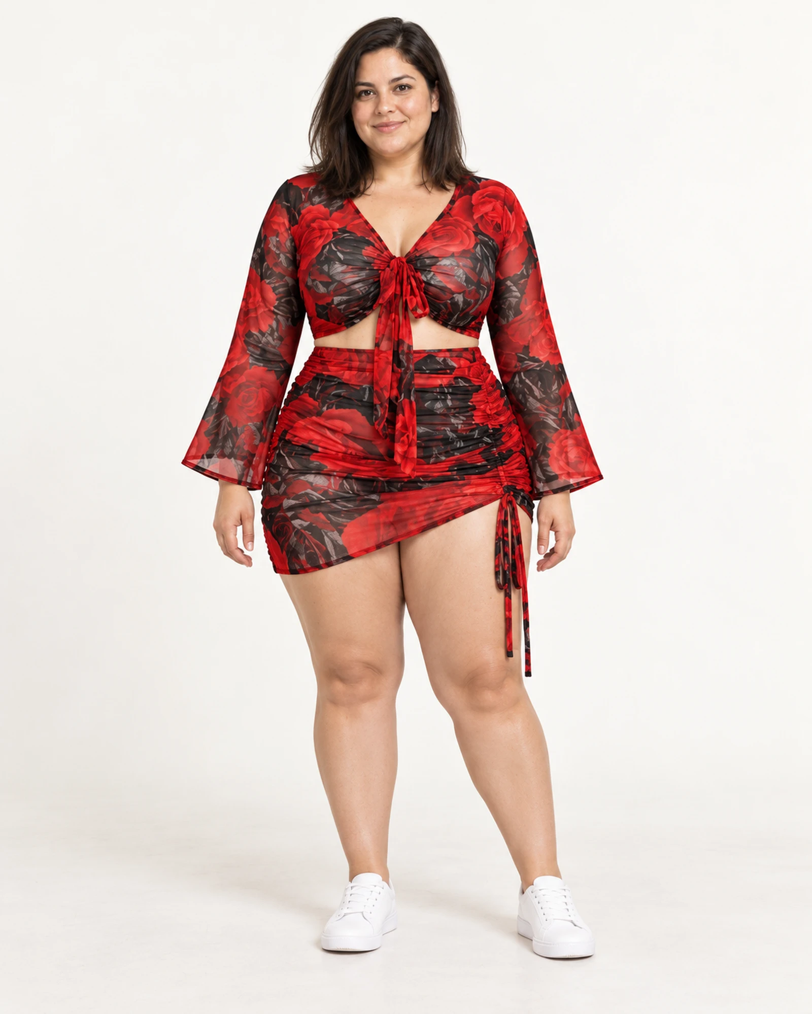 Floral Tie-Front Top & Ruched-Skirt Set, styling view, SKU 645845112105