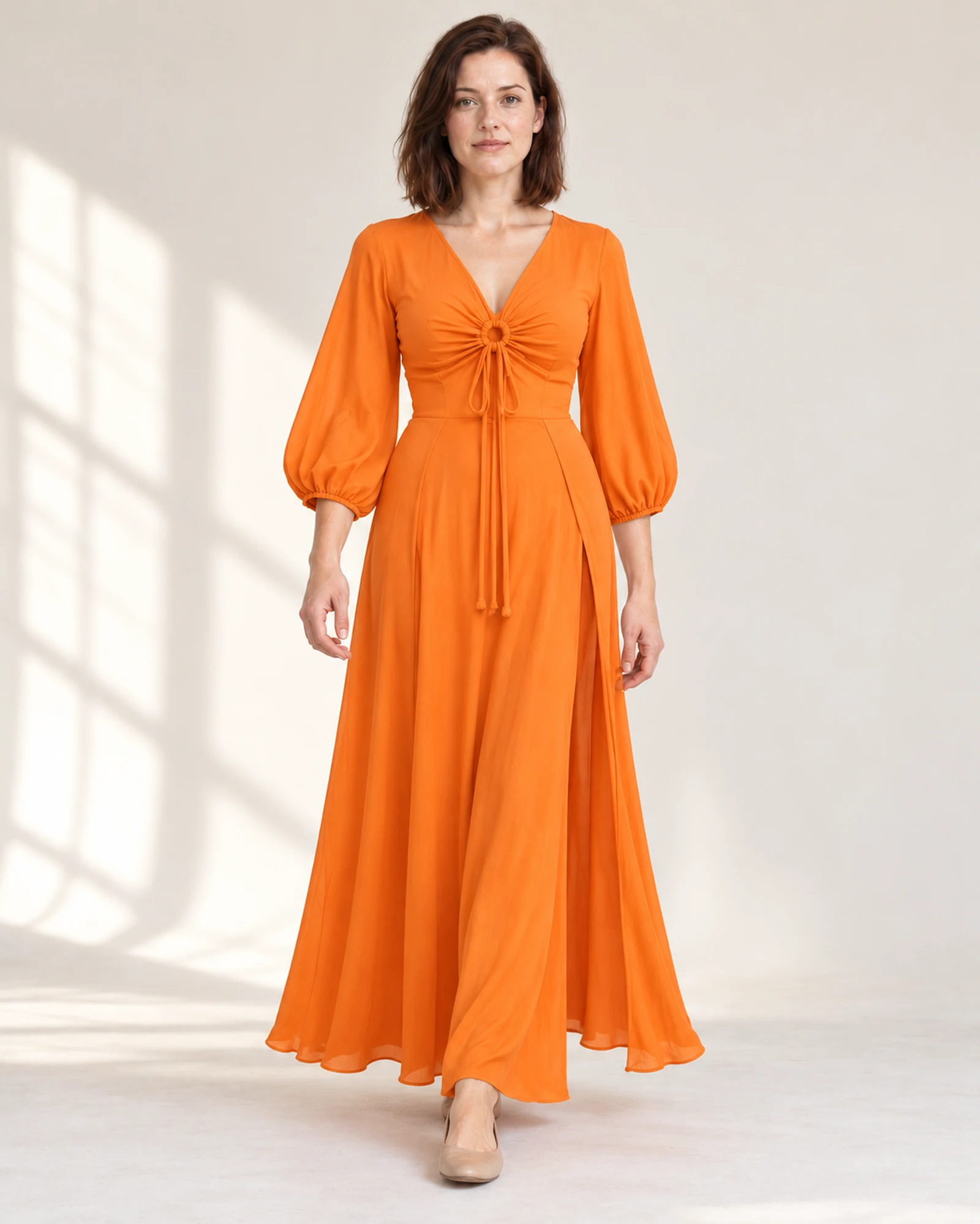 Twist-Front Balloon-Sleeve Maxi Dress, styling view, SKU 649413392831