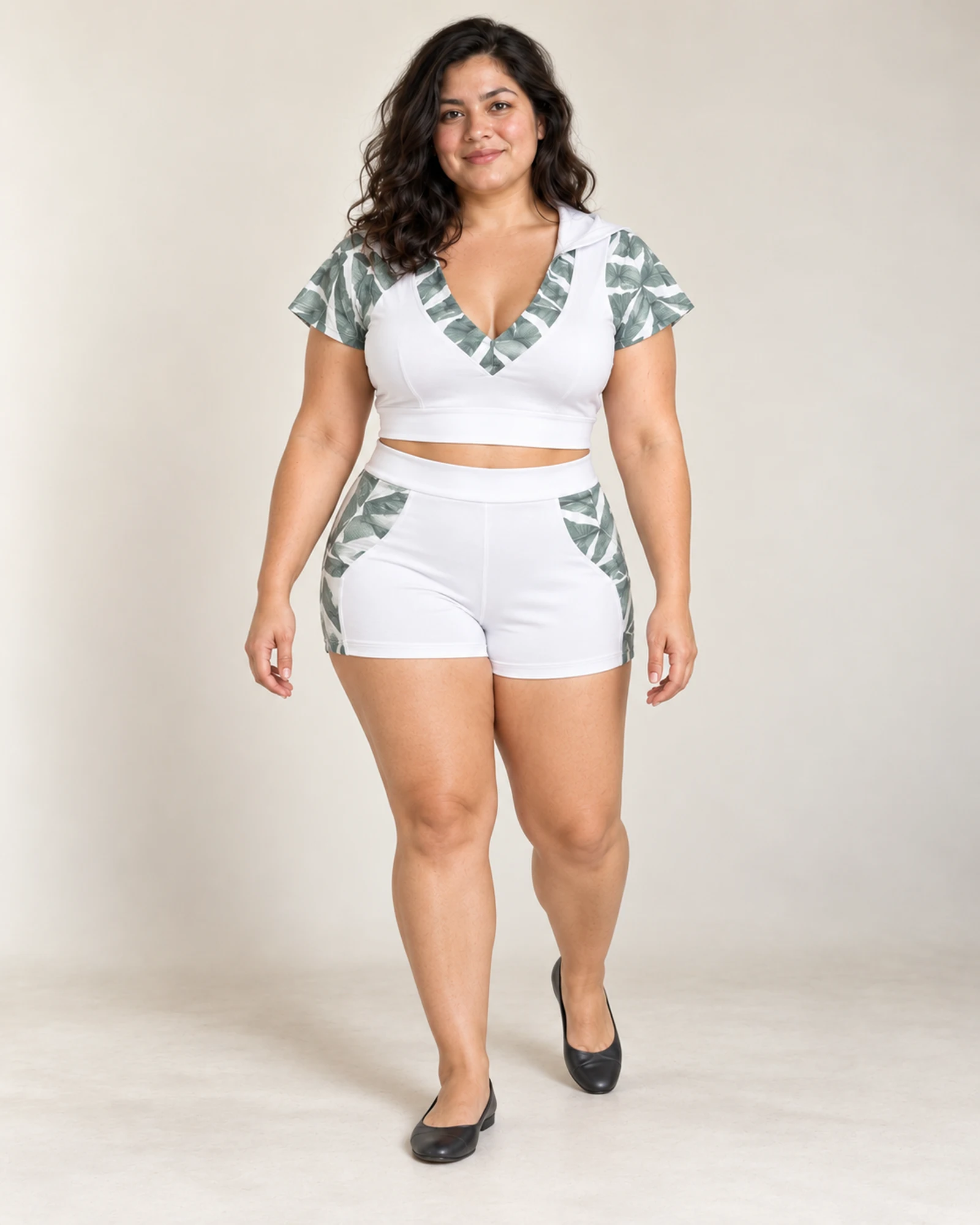 Leaf-Print Hooded Top & Shorts Set, styling view, SKU 673973538959