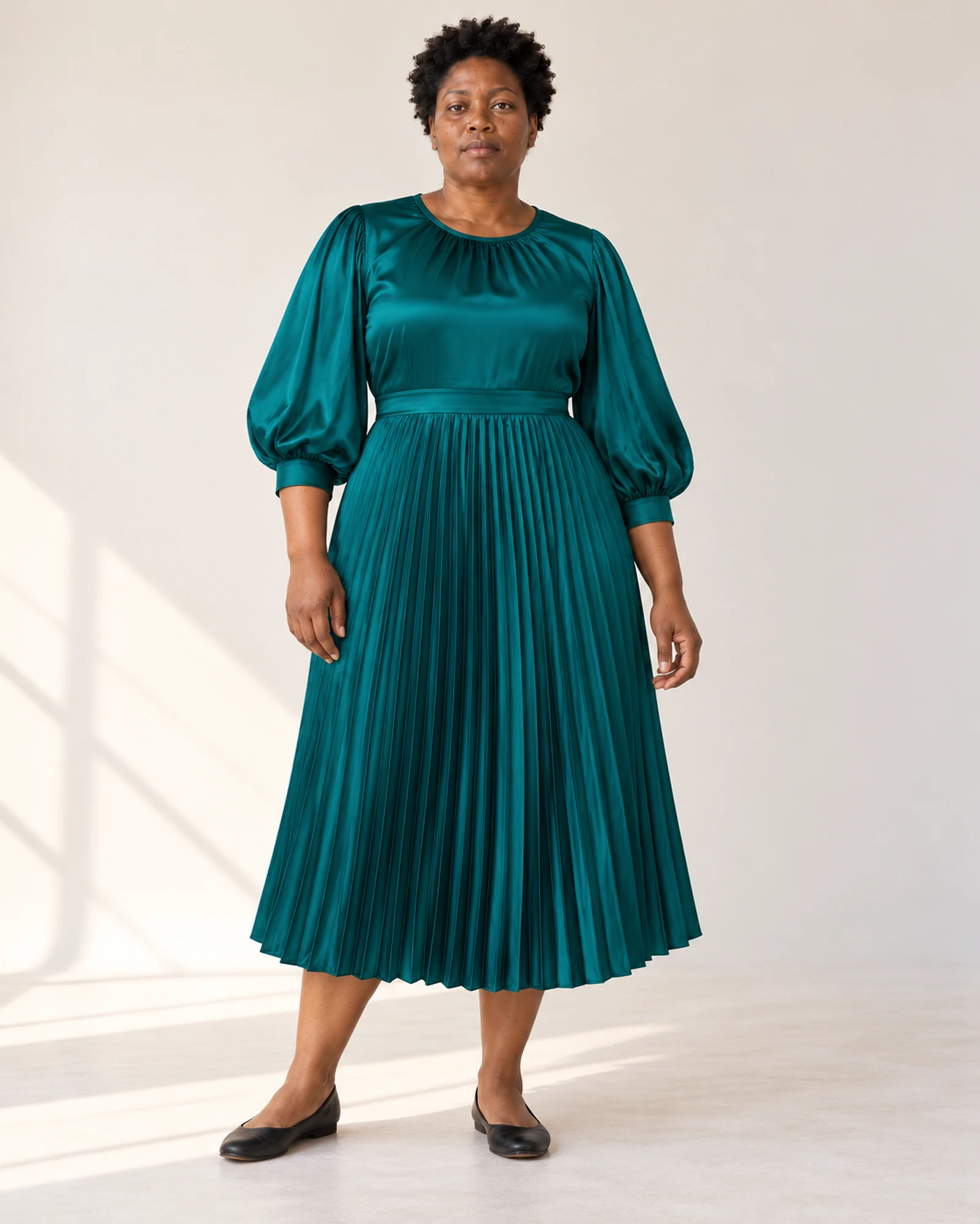 Balloon-Sleeve Pleated Dress, styling view, SKU 684611521089