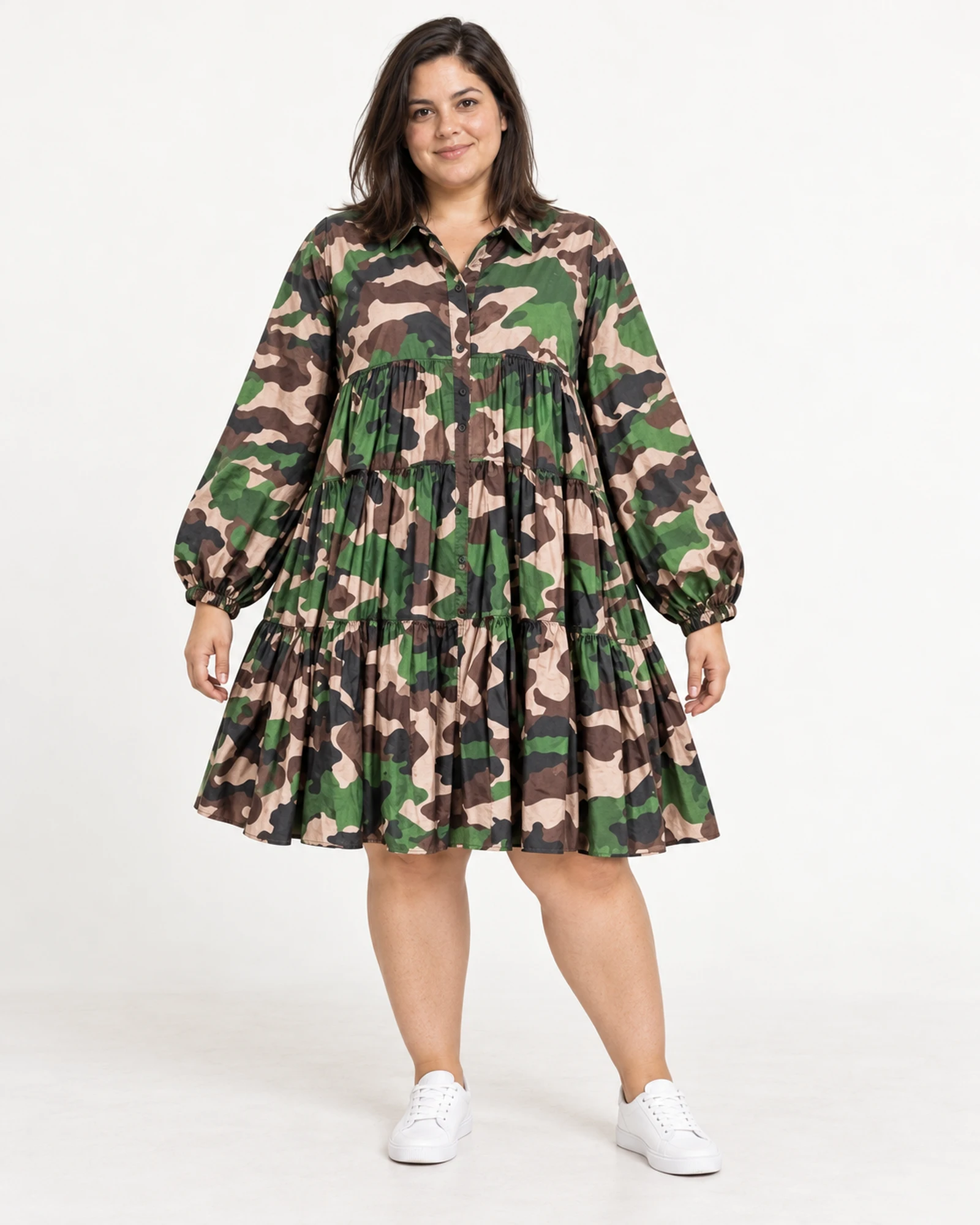 Printed Button-Front Shirt Dress, styling view, SKU 689922527054