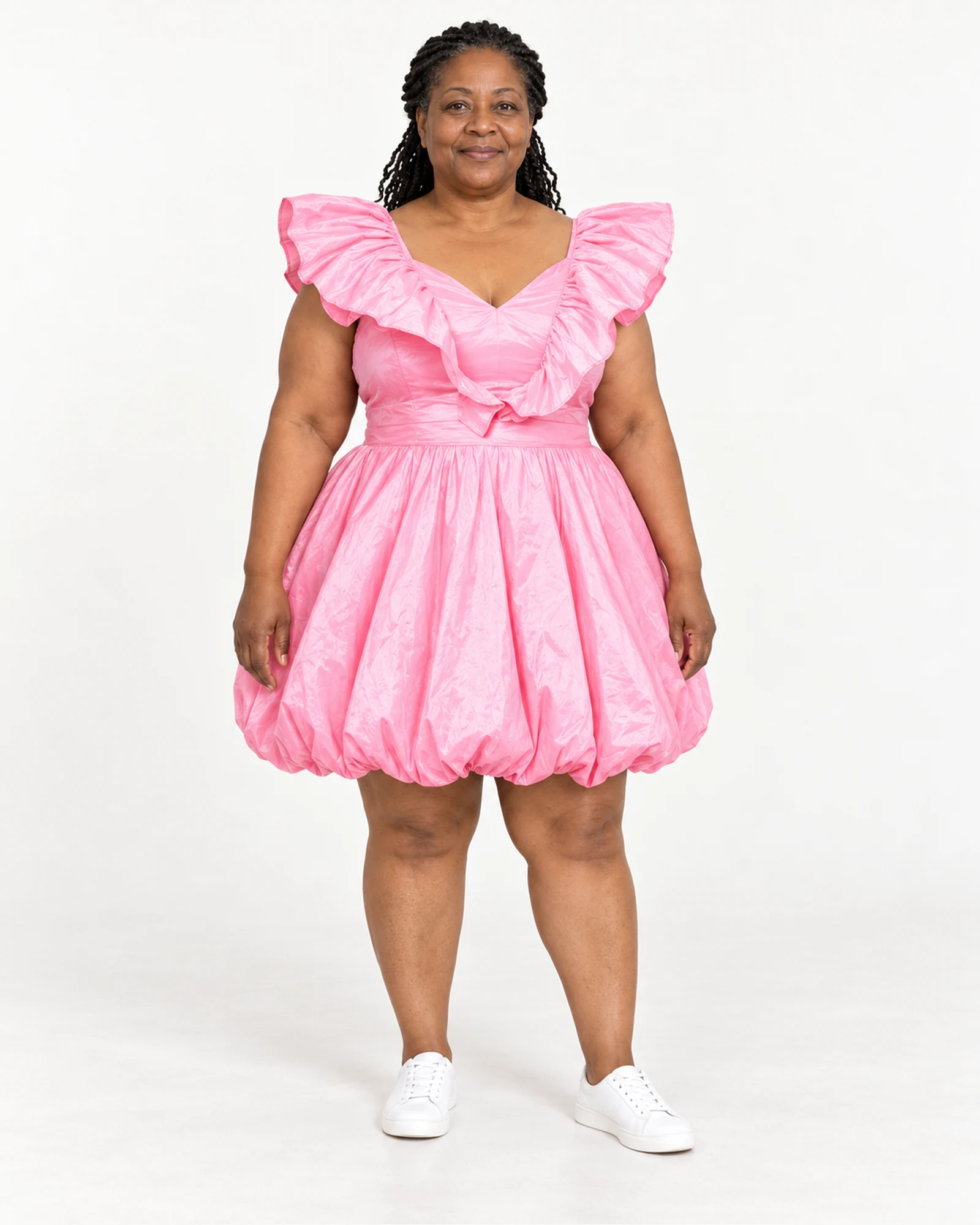 Ruffle-Shoulder Bubble-Hem Dress, styling view, SKU 710840569997