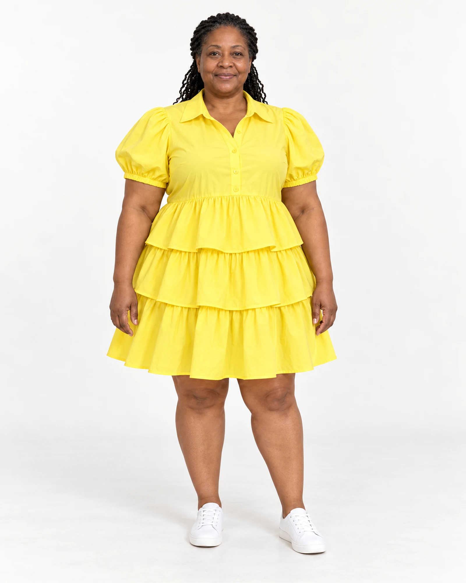 Collared Tiered Puff-Sleeve Dress, styling view, SKU 714135070905