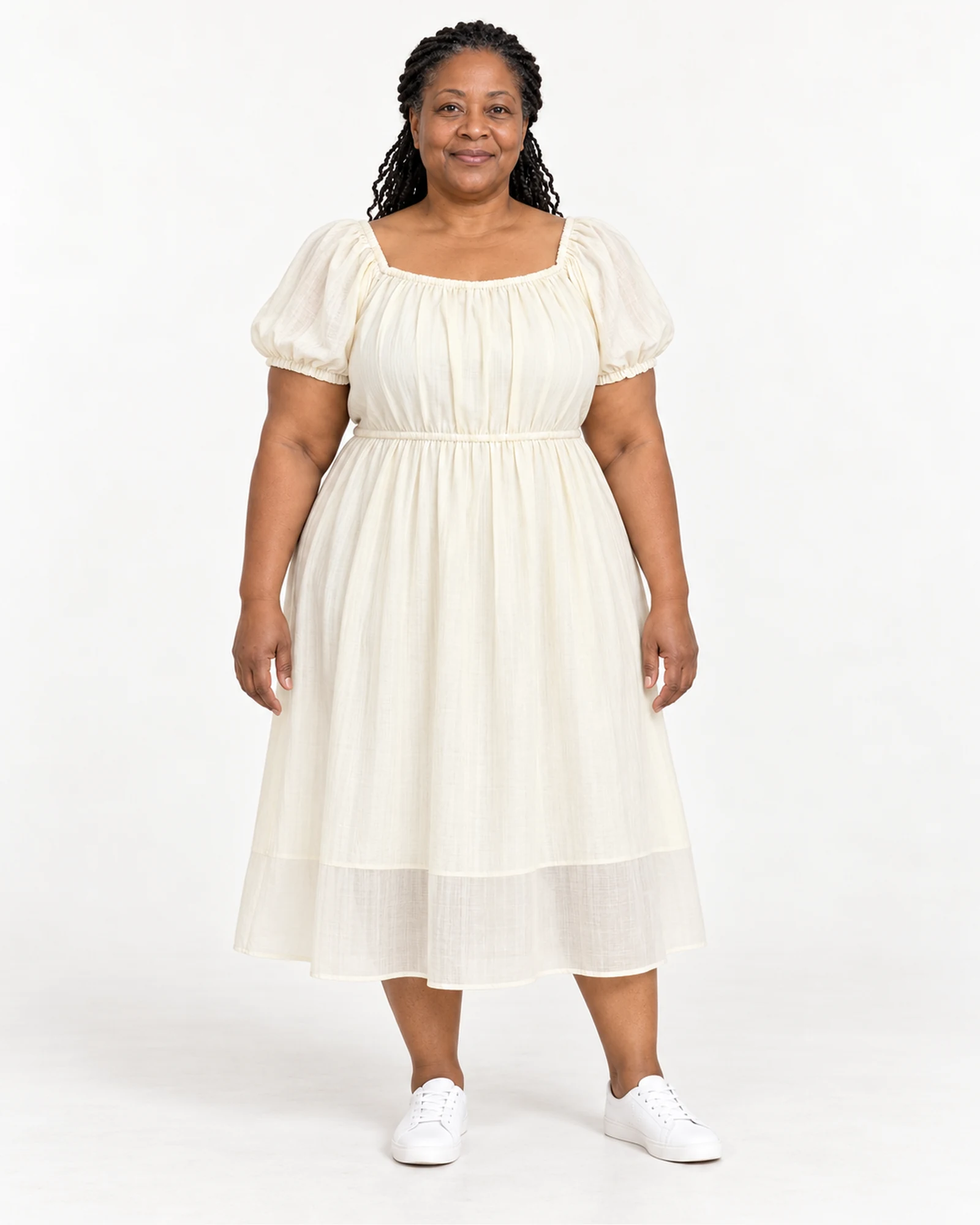 Apricot Puff-Sleeve Gathered-Waist Dress