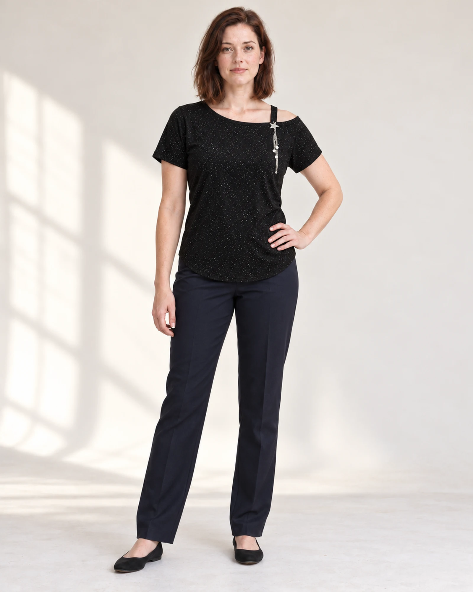 Asymmetric-Neck Short-Sleeve Top, styling view, SKU 729684406648
