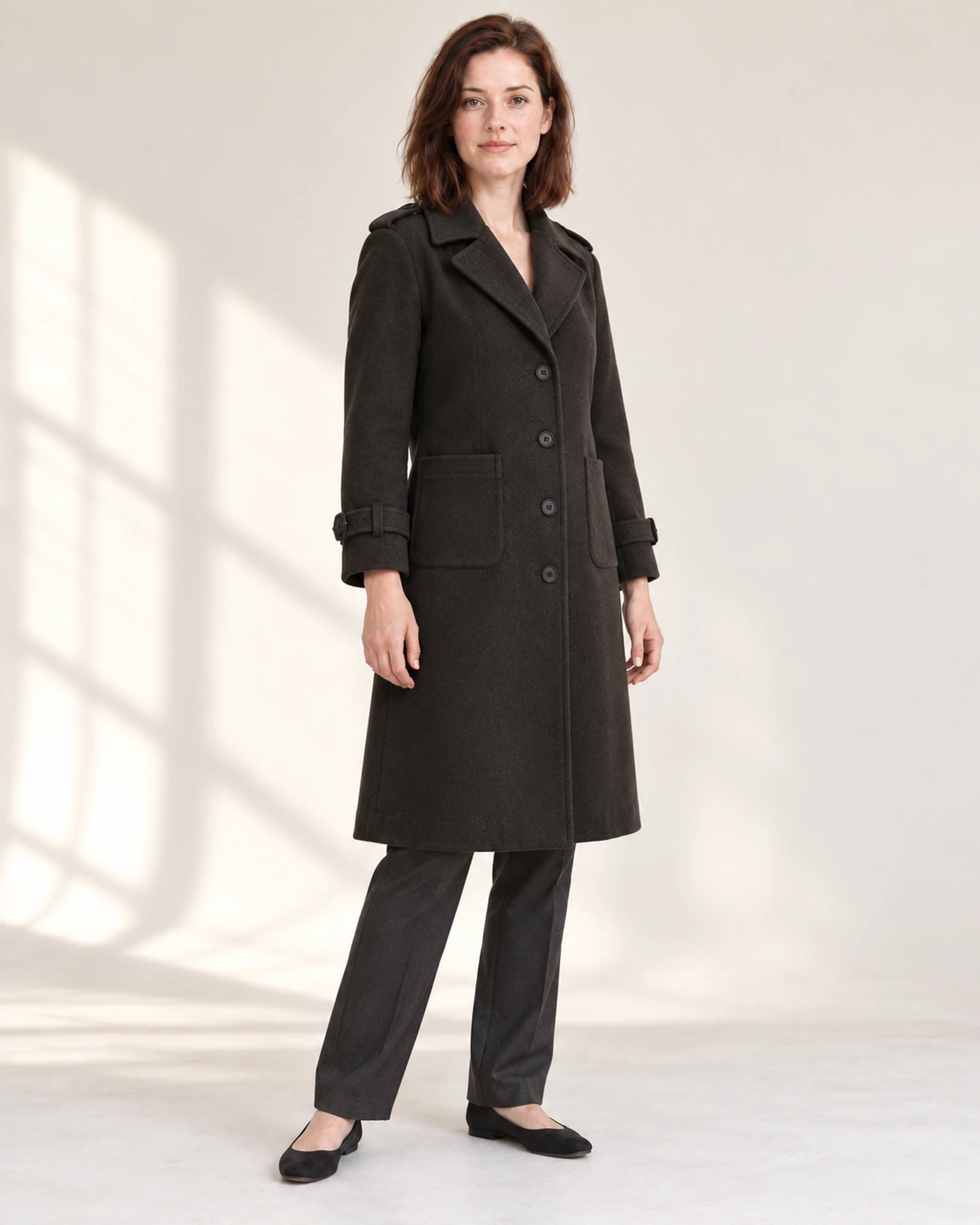 Notched-Collar Long Coat, styling view, SKU 741786270069