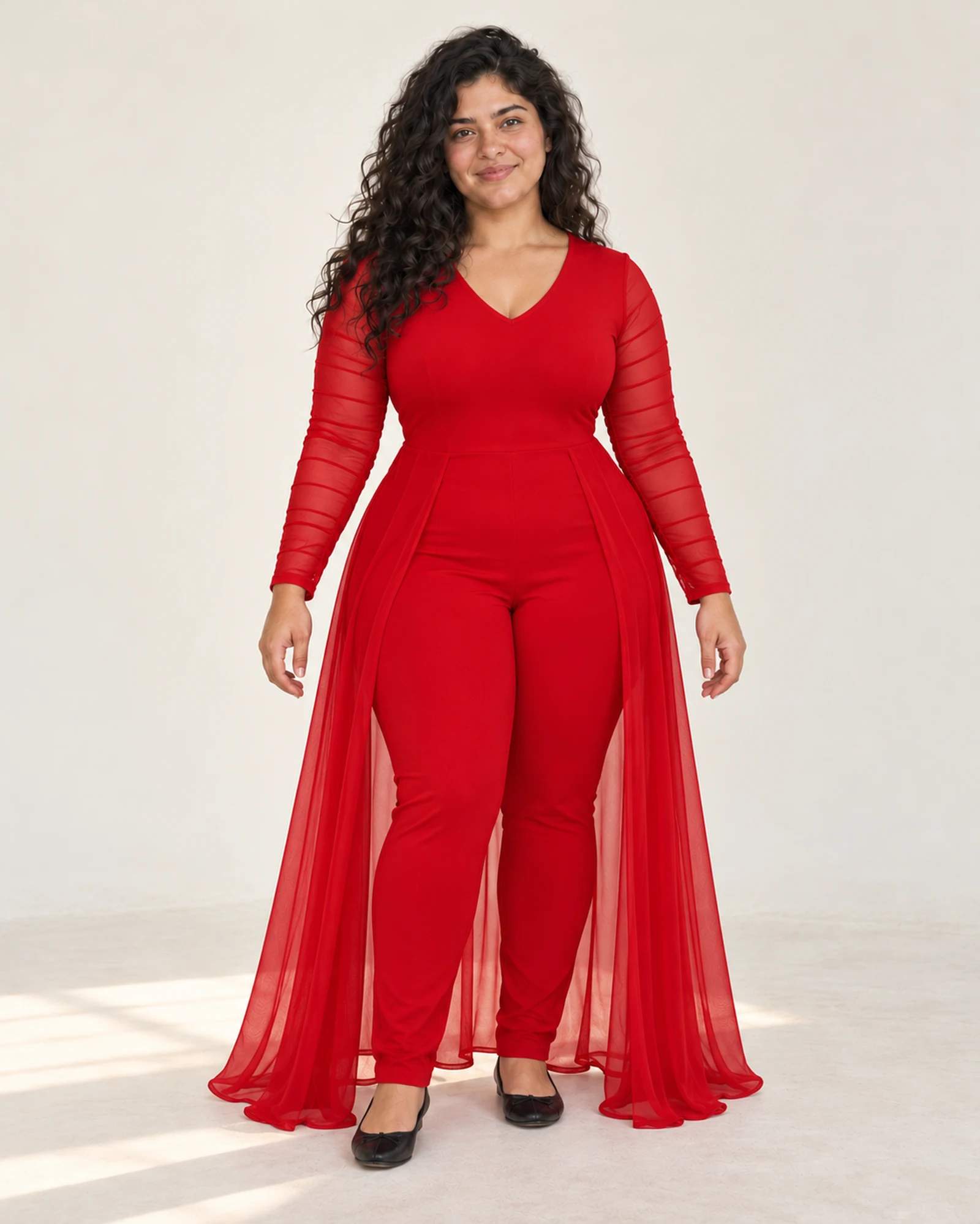 Sheer-Sleeve Overlay Jumpsuit, styling view, SKU 749014338205