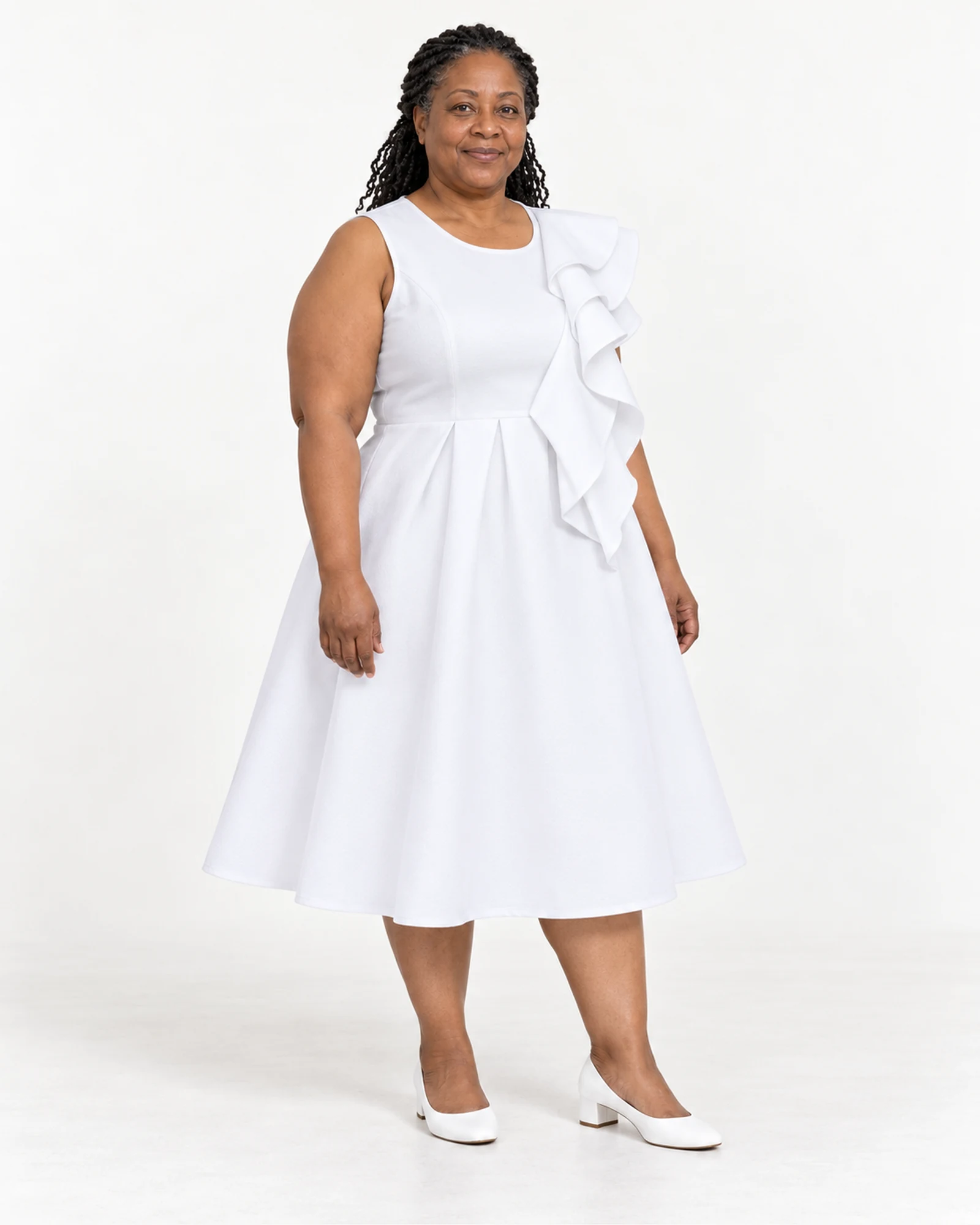 Ruffle-Shoulder A-Line Dress, styling view, SKU 771449949747
