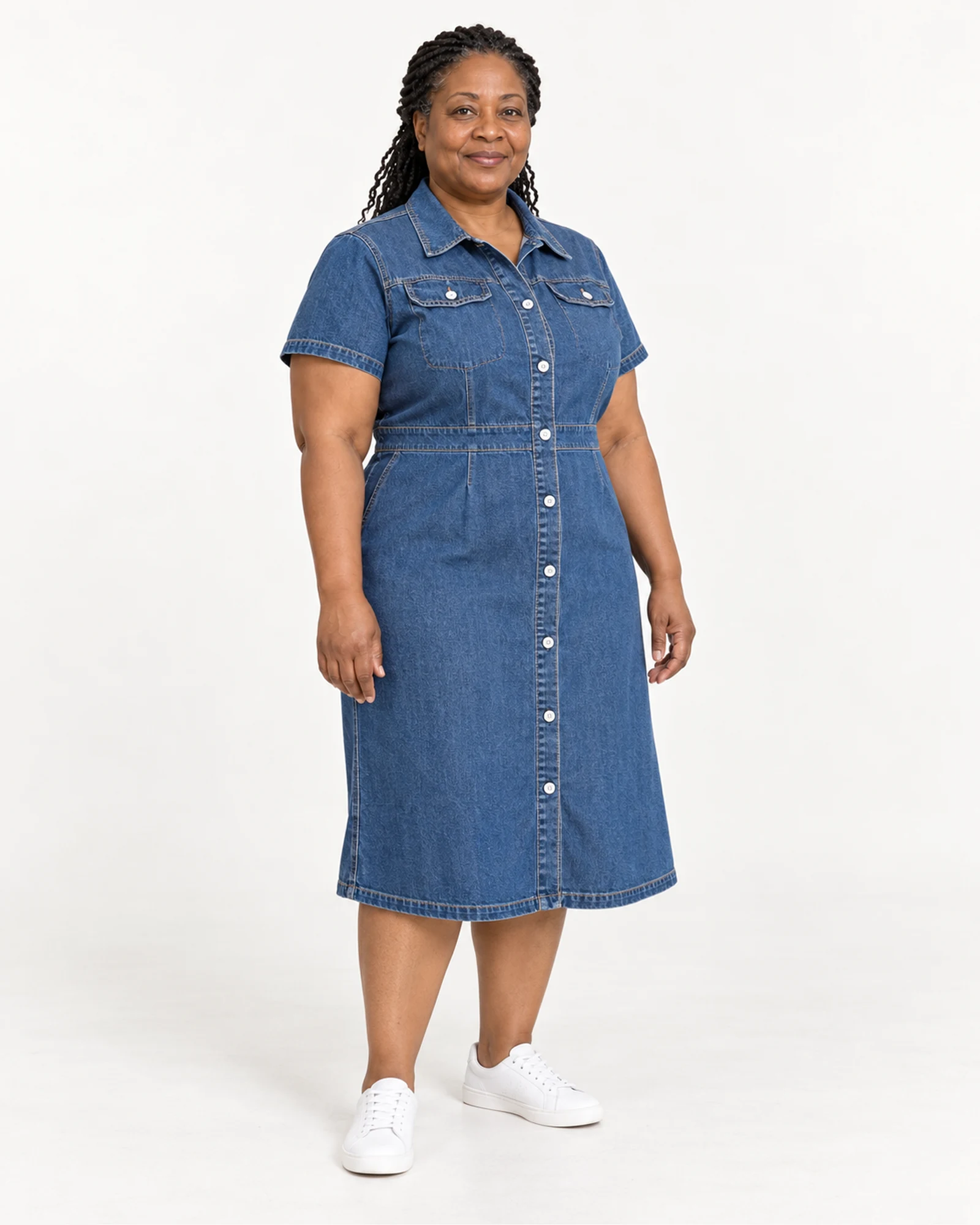 Short-Sleeve Denim Shirt Dress, styling view, SKU 771708717743