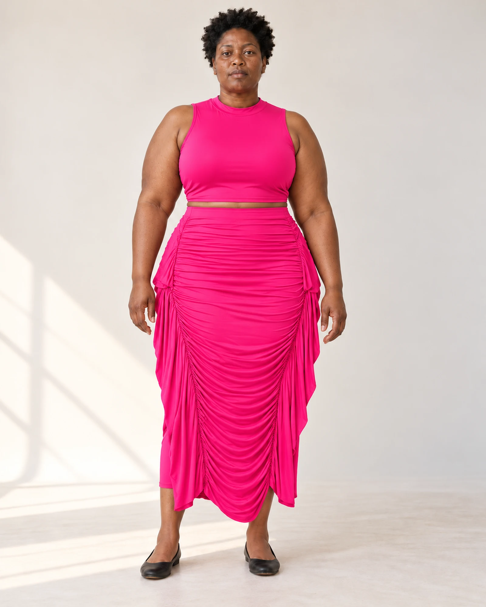 High-Neck Top & Ruched-Skirt Set, styling view, SKU 773095494207