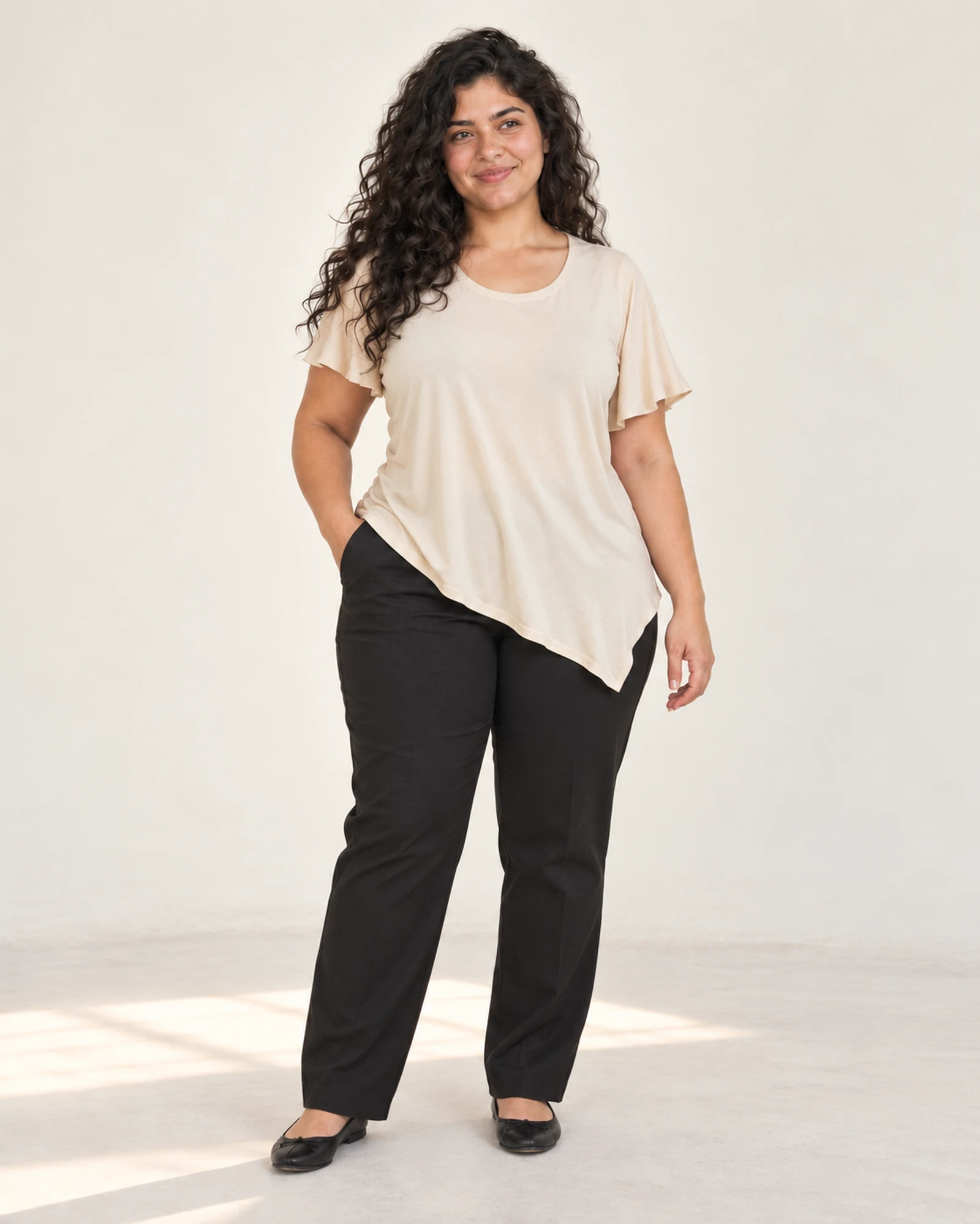 Flutter-Sleeve Pointed-Hem Top, styling view, SKU 774515262059