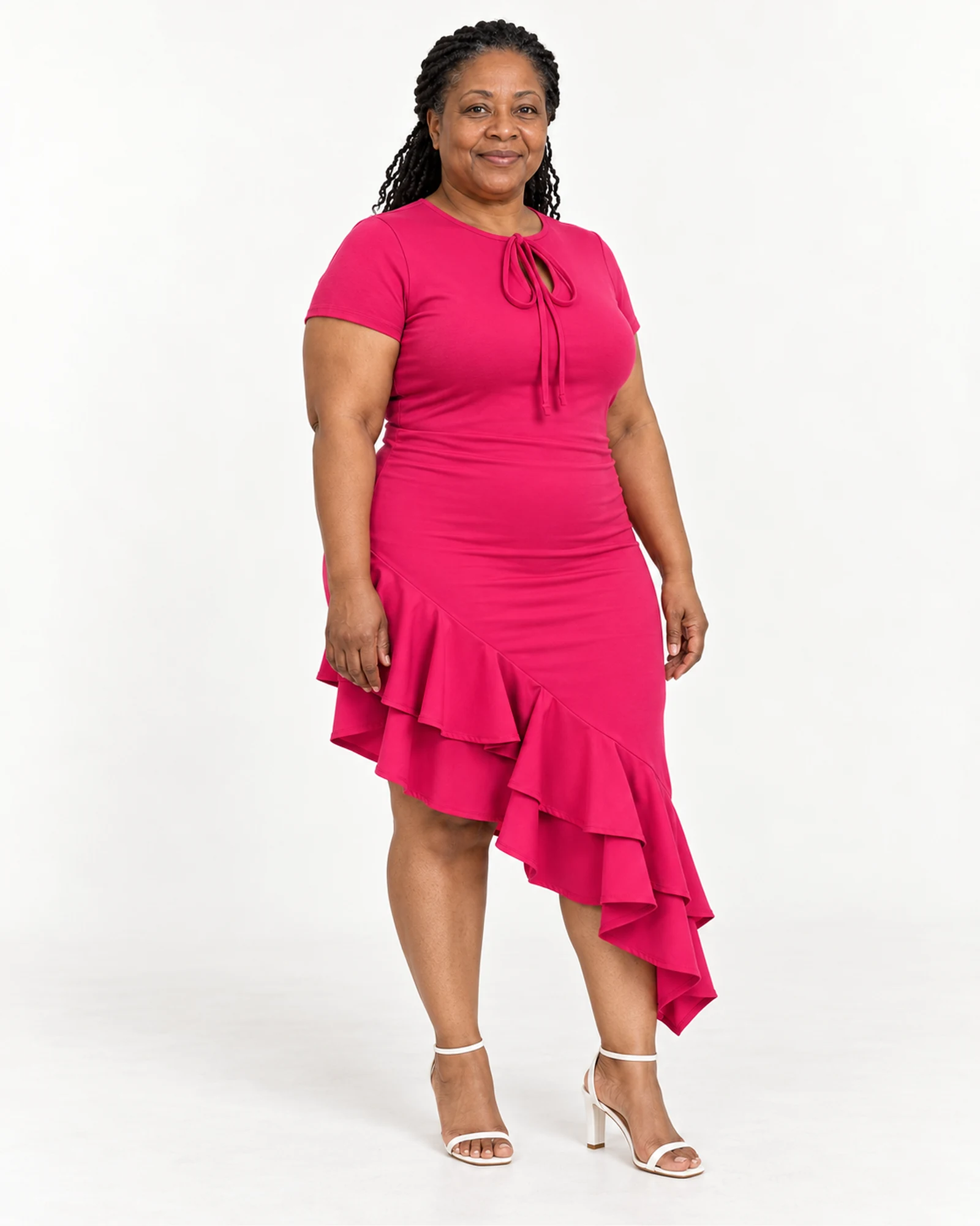 Tie-Neck Asymmetric-Ruffle Dress, styling view, SKU 774993340850