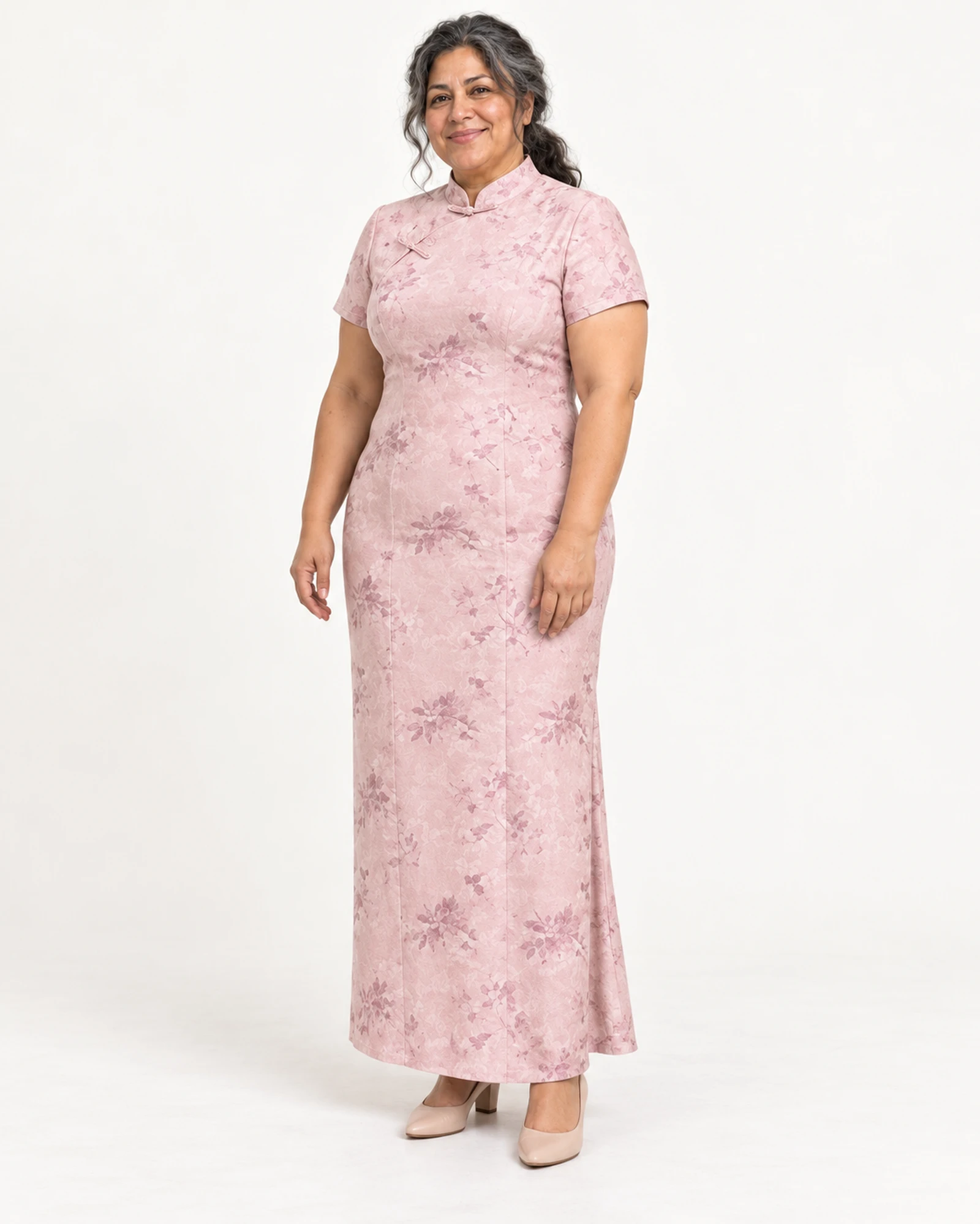 Floral Mandarin-Collar Long Dress, styling view, SKU 779883218952