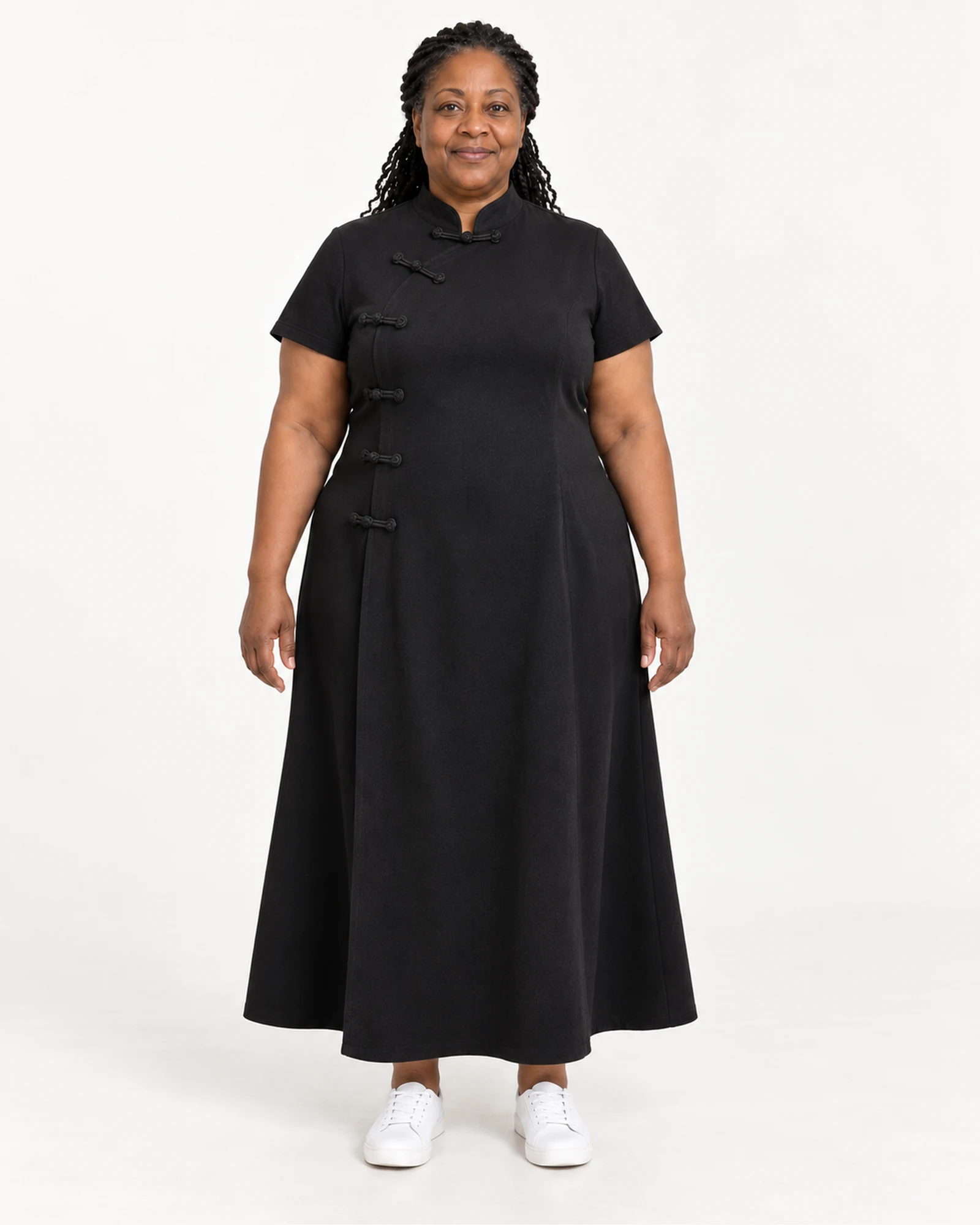 Mandarin-Collar Frog-Closure Dress, styling view, SKU 782757591371