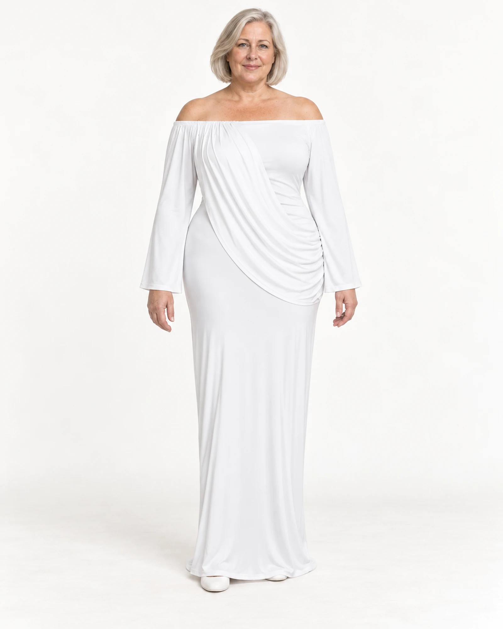 Vestido largo drapeado de manga larga, vista de estilismo, SKU 803024129556