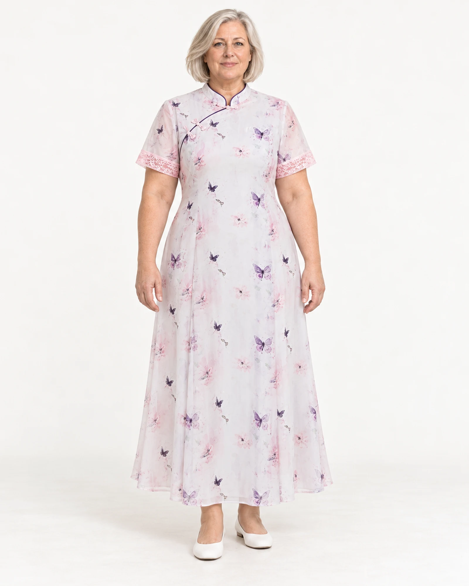Printed Mandarin-Collar Dress, styling view, SKU 803834836431