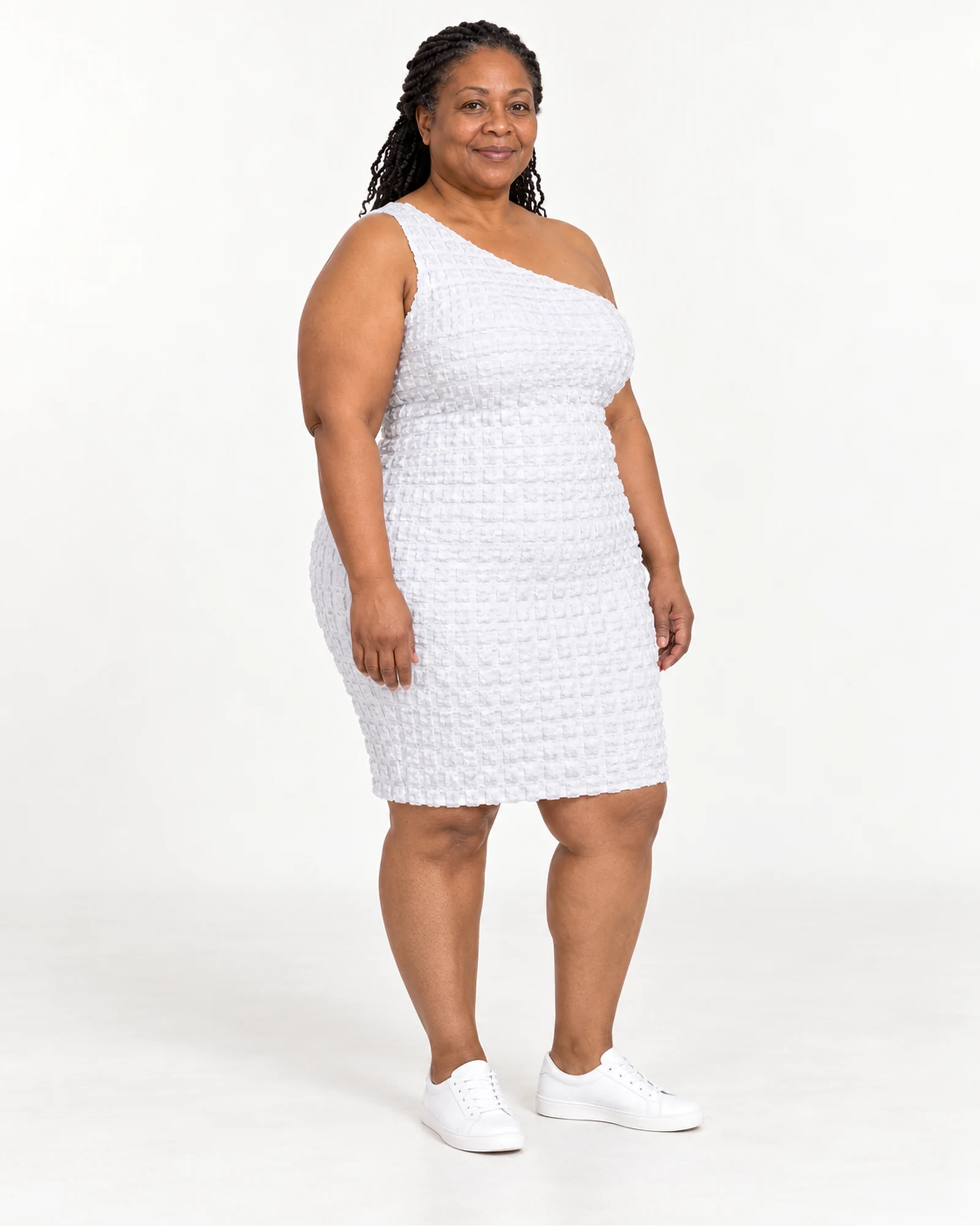One-Shoulder Textured Dress, styling view, SKU 805064040597