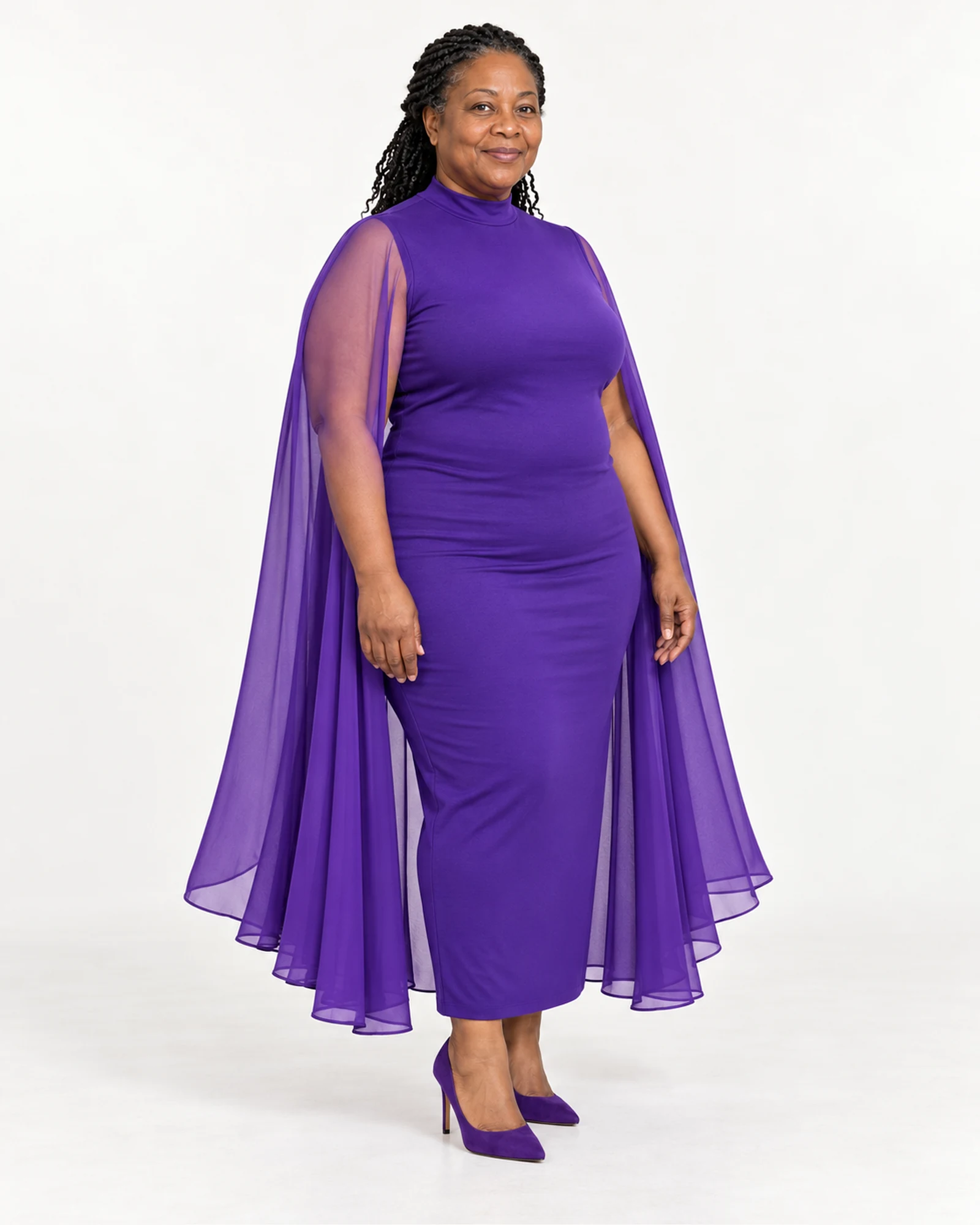 High-Neck Cape-Sleeve Dress, styling view, SKU 842467297835