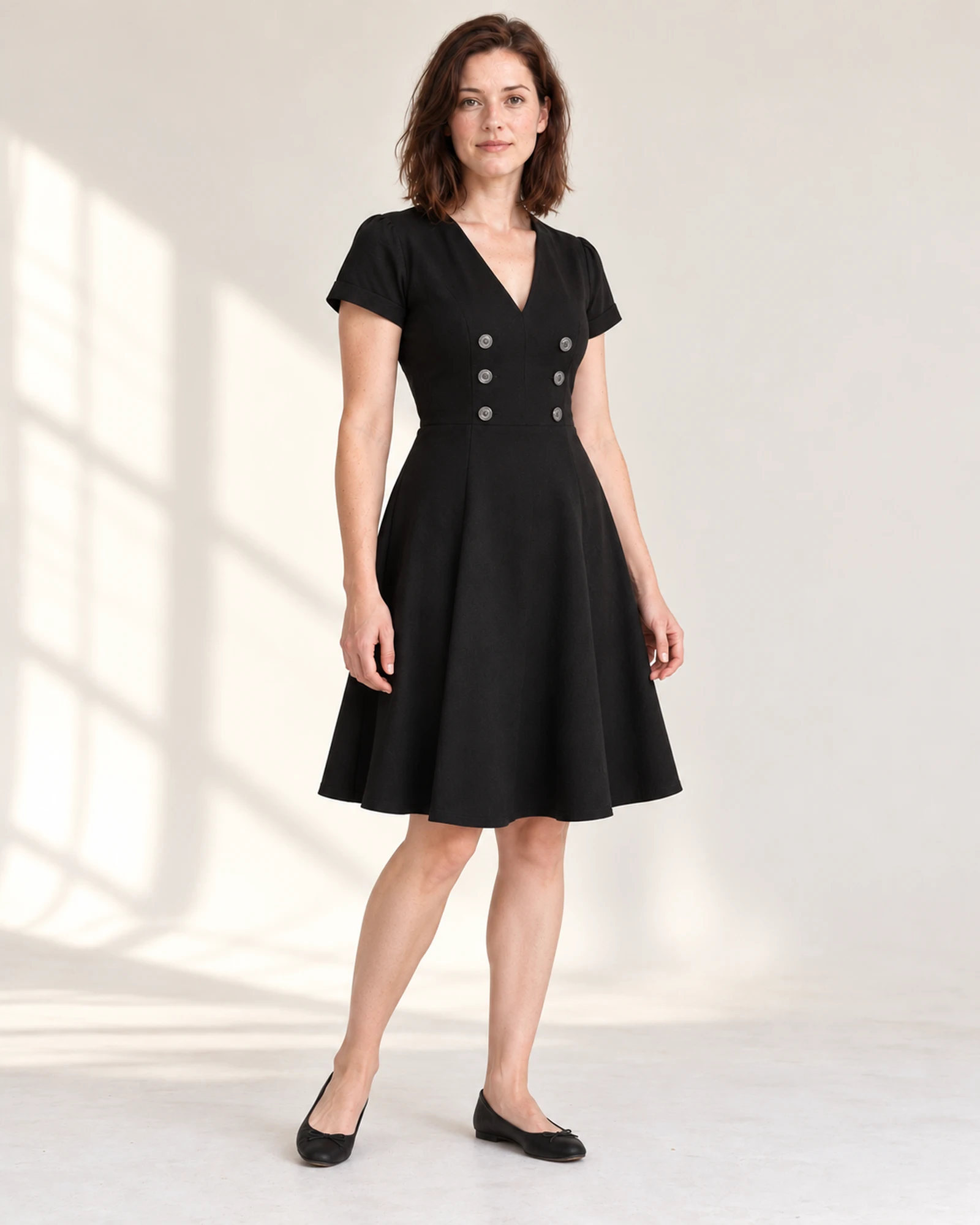 Double-Button V-Neck Dress, styling view, SKU 857448153459