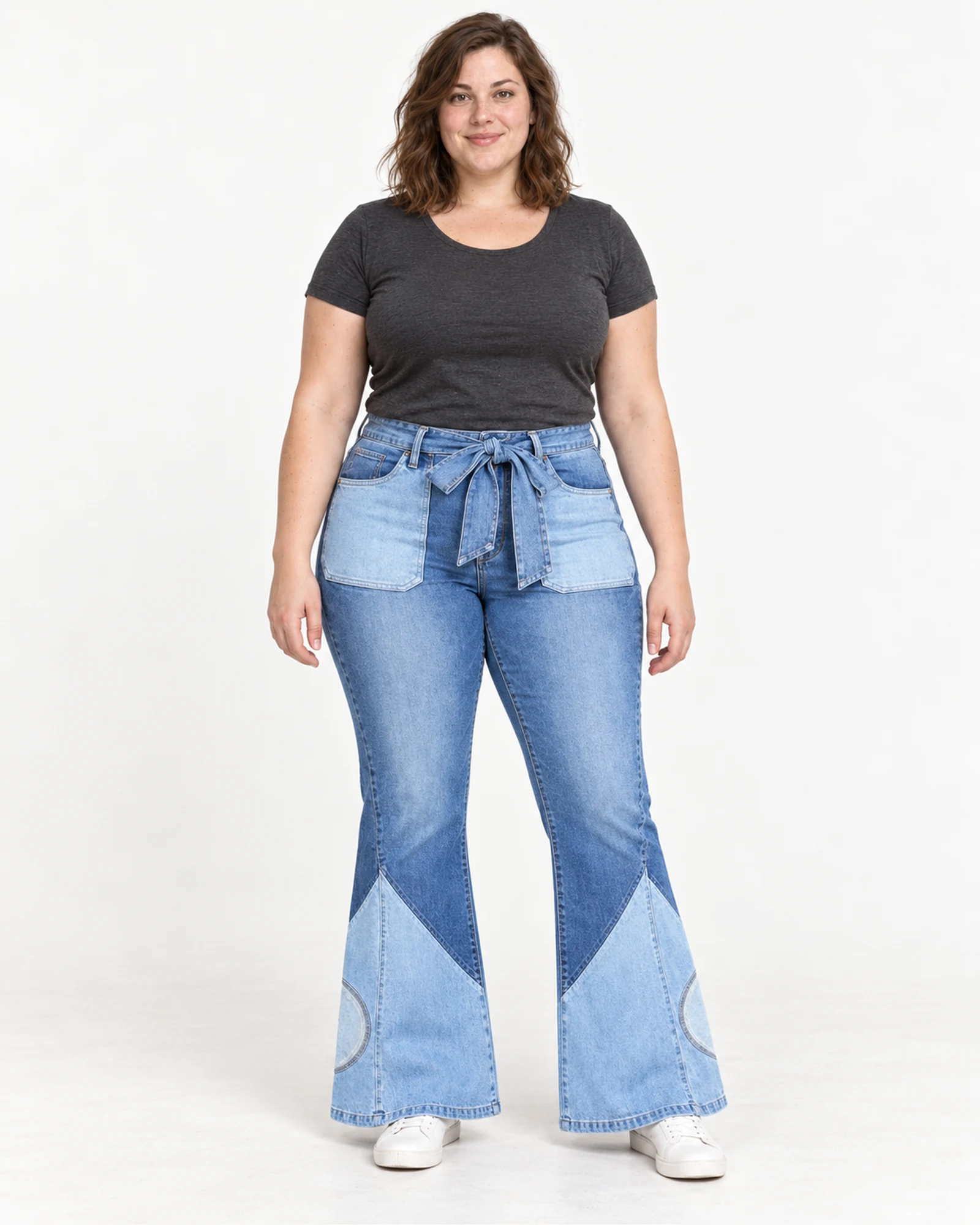 Vaqueros acampanados con paneles y lazada, vista de estilismo, SKU 9062