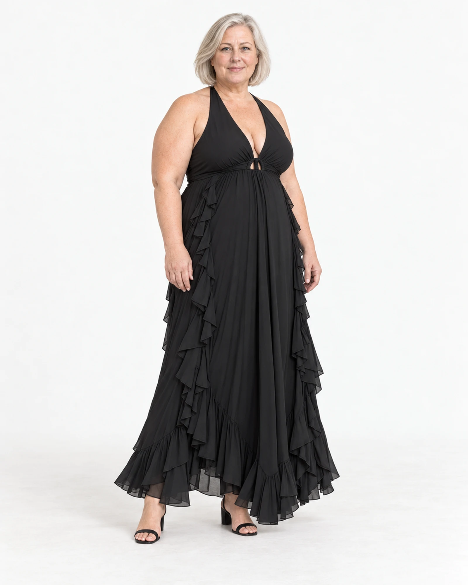 Vestido largo halter con volantes, vista de estilismo, SKU 909019951651