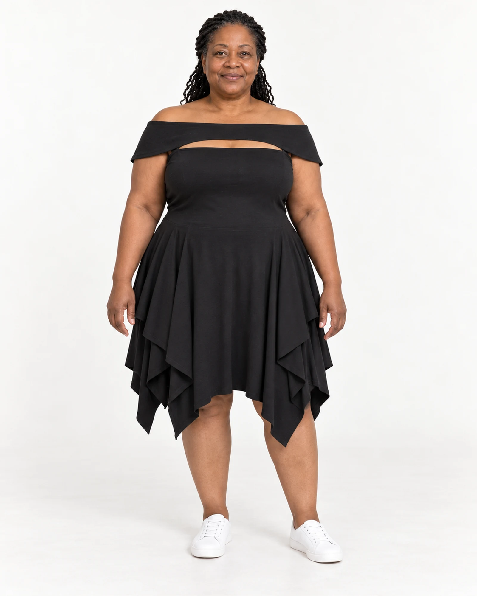 Cutout-Neck Handkerchief-Hem Dress, styling view, SKU 910310139301