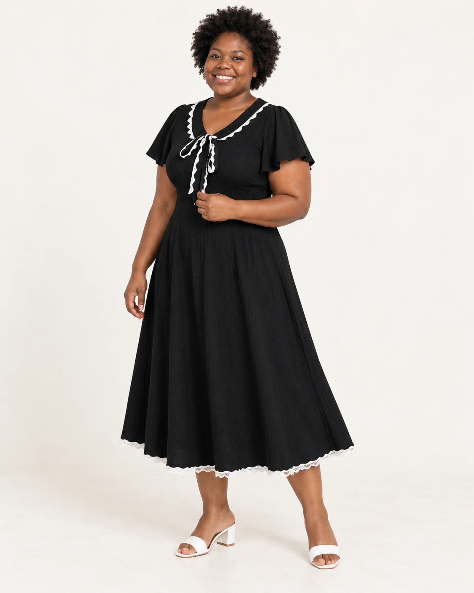 Contrast-Trim Tie-Neck Dress, styling view, SKU 916200478843
