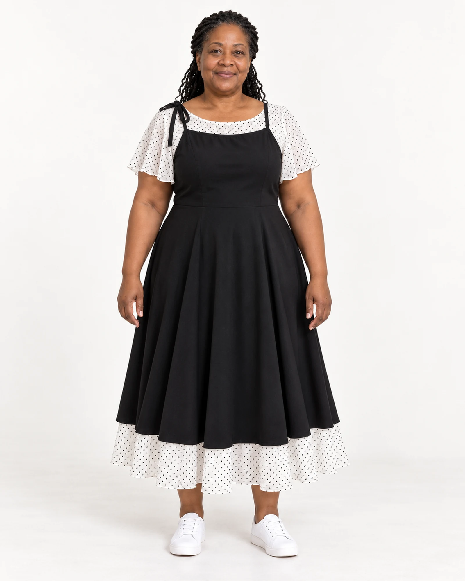 Contrast-Layer Pinafore-Style Dress, styling view, SKU 919572676331