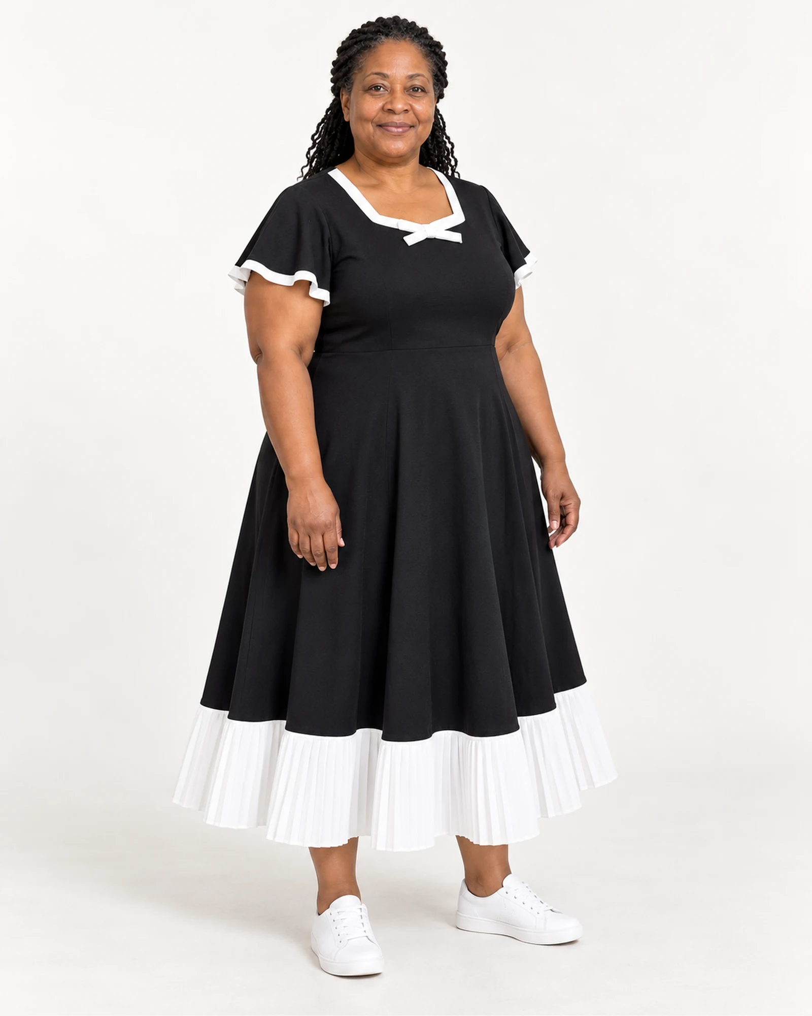 Contrast-Trim Bow-Neck Dress, styling view, SKU 923619400455