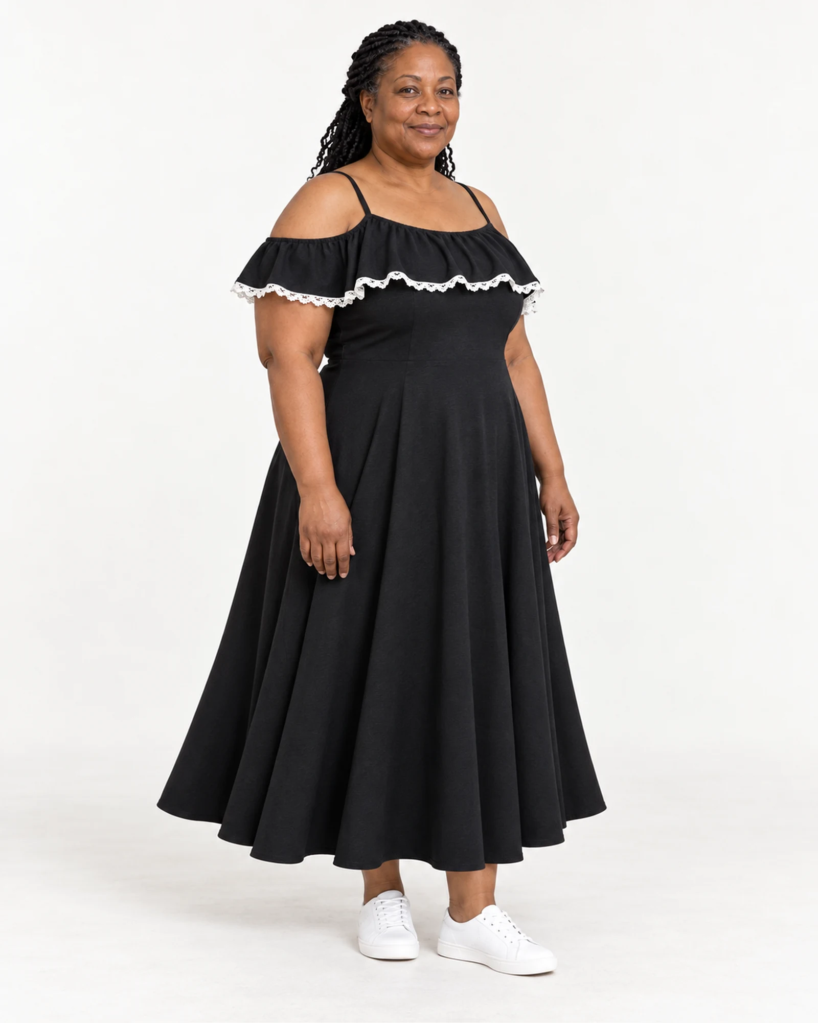 Contrast-Trim Cold-Shoulder Dress, styling view, SKU 931687725929