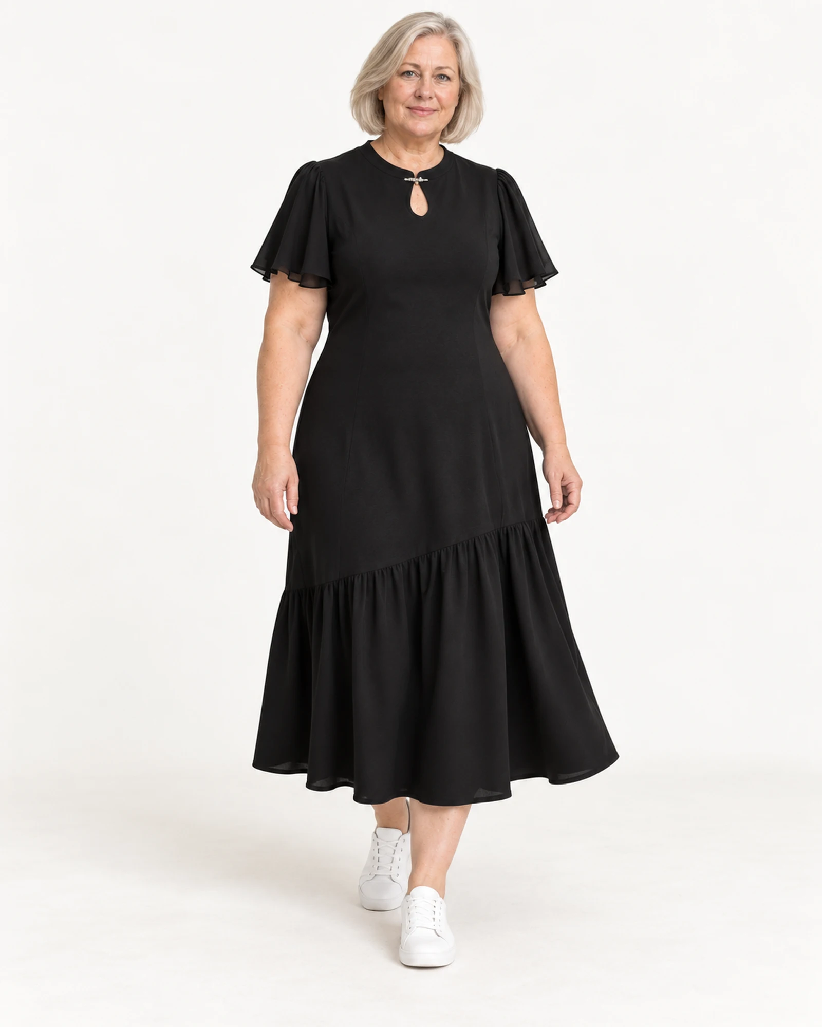 Keyhole-Neck Flutter-Sleeve Dress, styling view, SKU 941060891259
