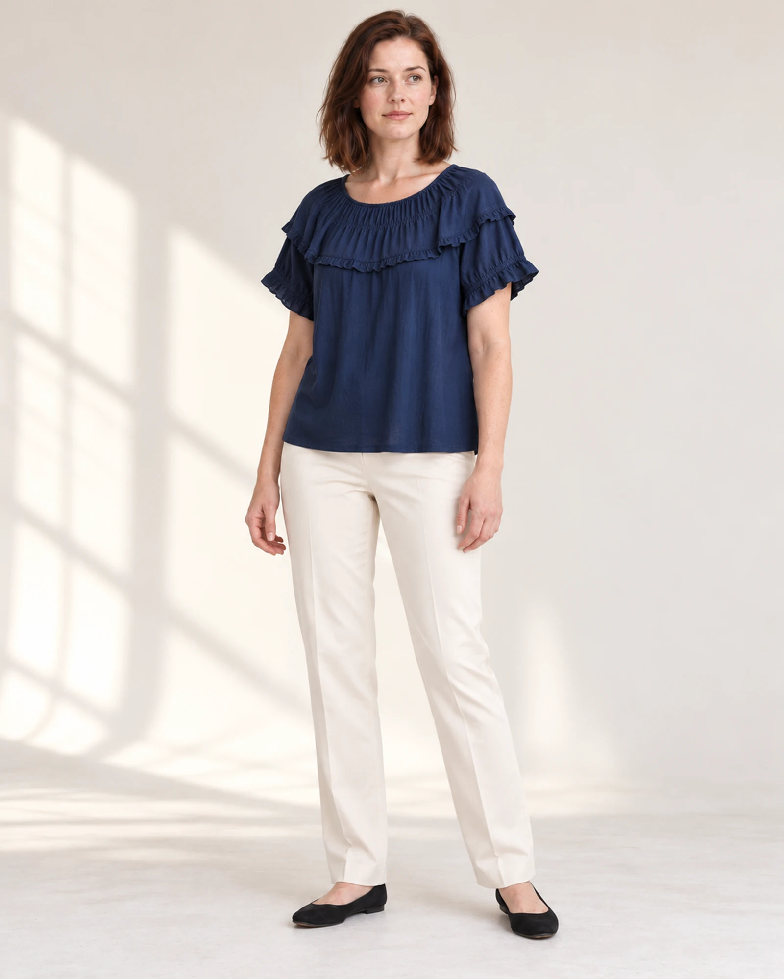 Ruffle-Yoke Short-Sleeve Top, styling view, SKU 951699221513