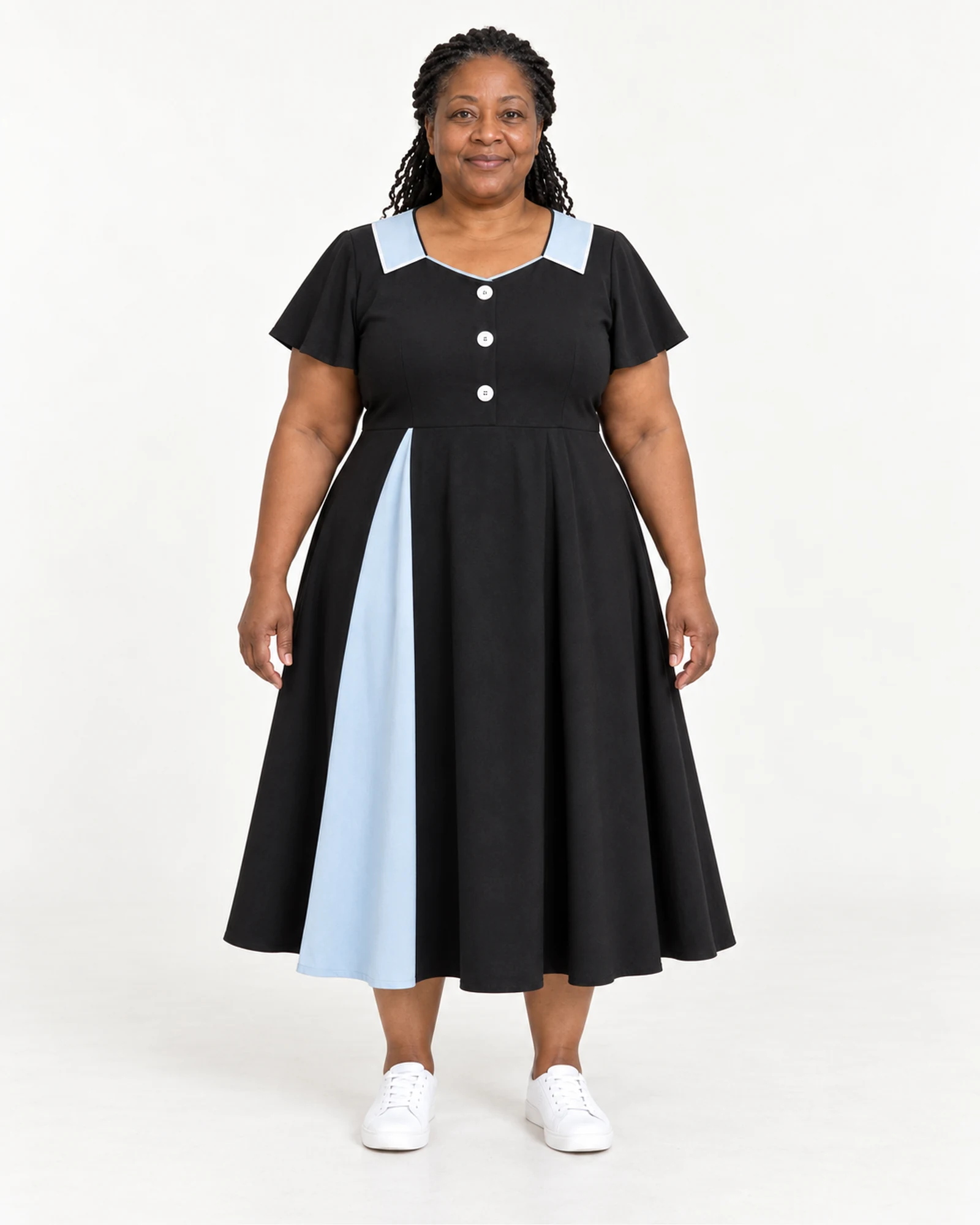 Contrast-Panel Collared Dress, styling view, SKU 953412683816