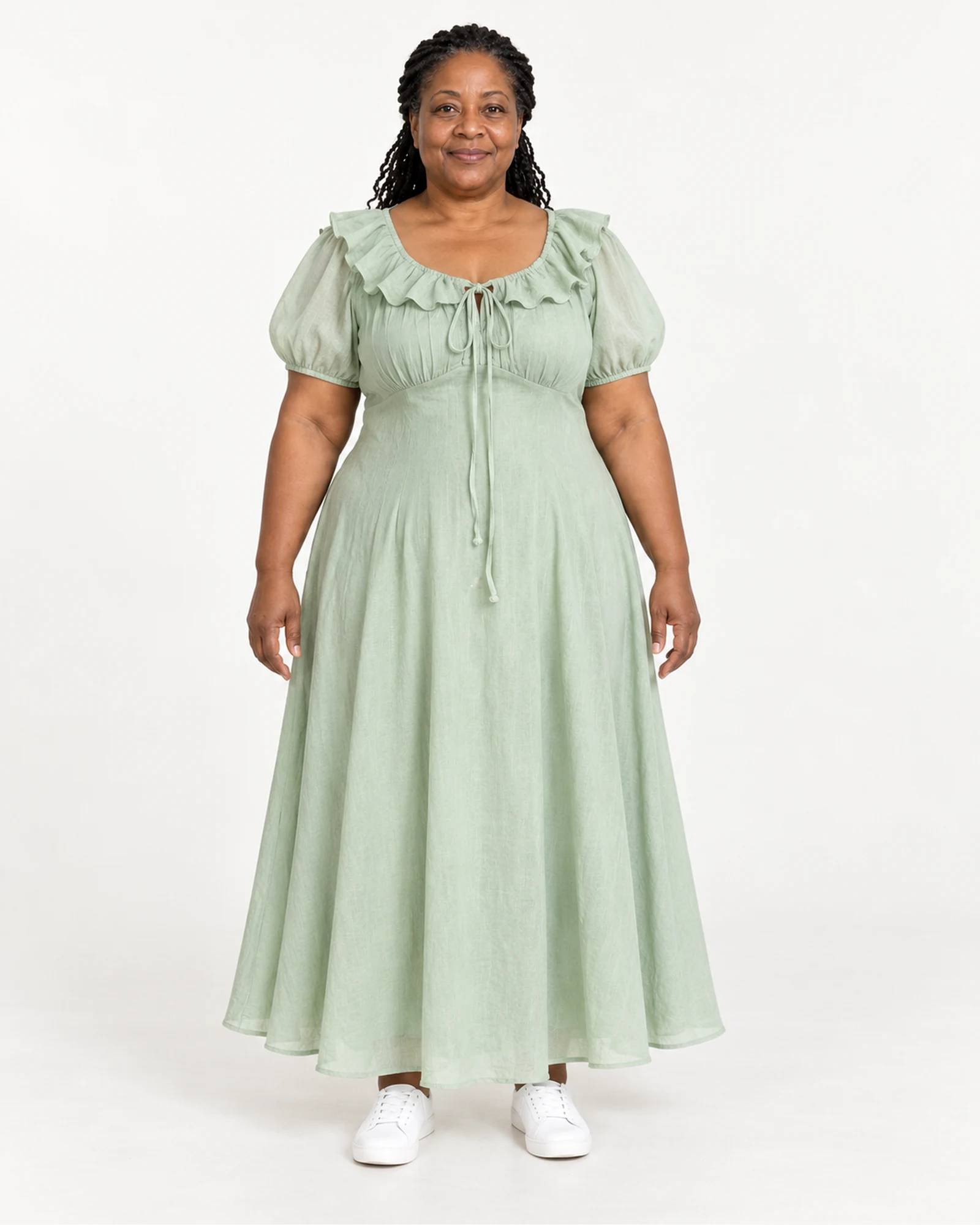 Tie-Neck Puff-Sleeve Long Dress, styling view, SKU 956665470441