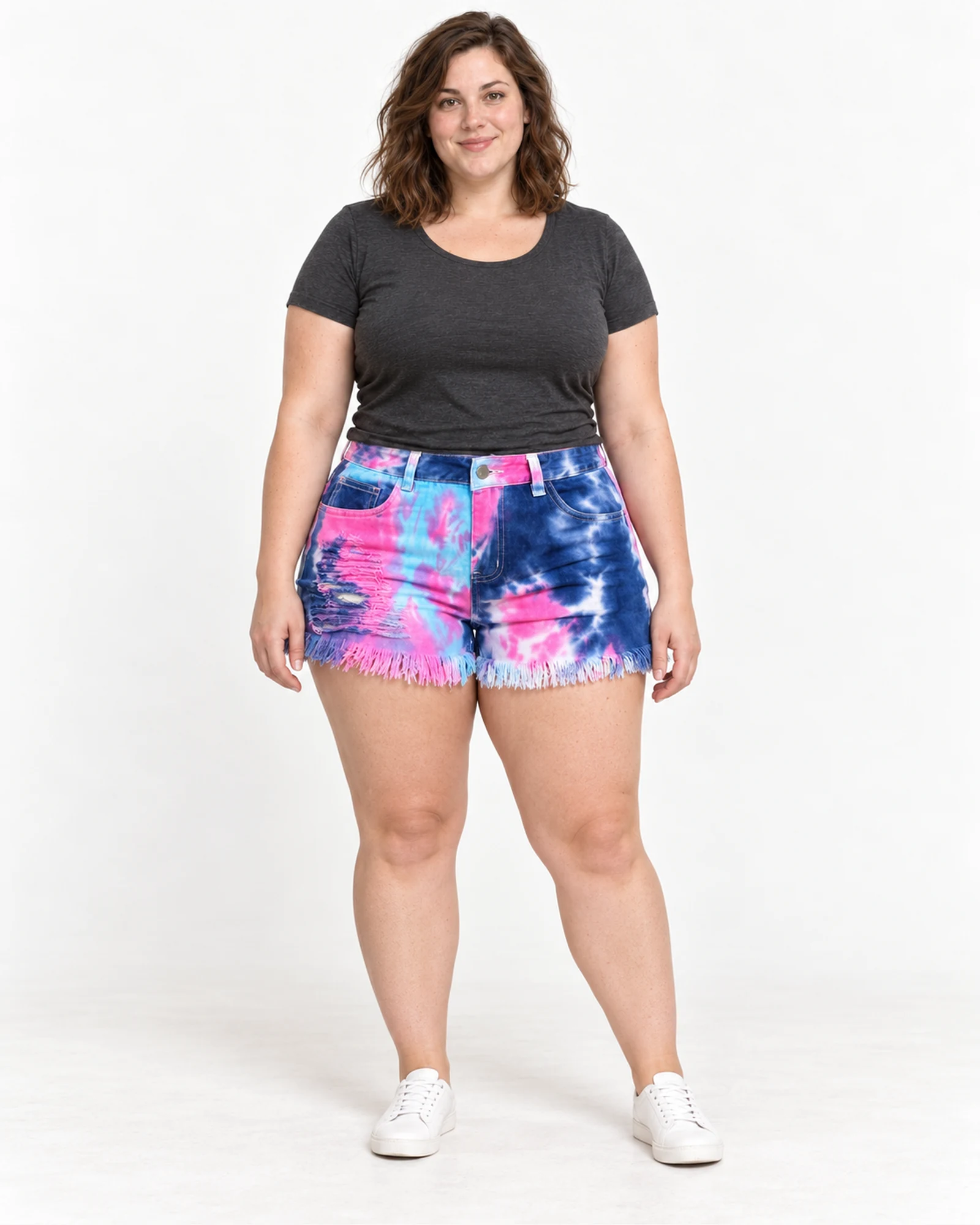 Tie-Dye Frayed Denim Shorts, styling view, SKU F9086
