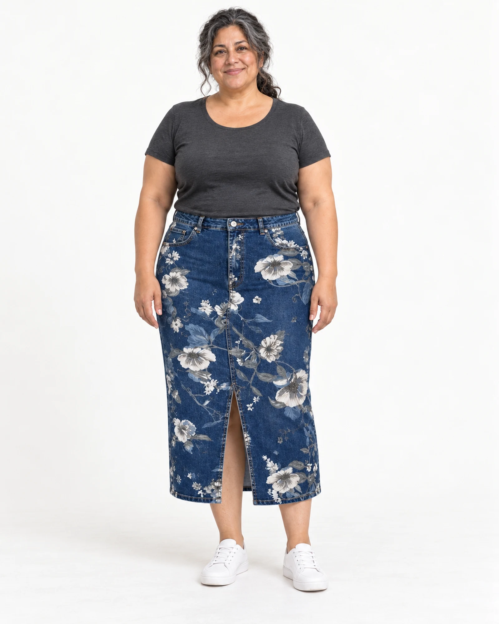 Falda vaquera floral con abertura delantera, vista de estilismo, SKU FDK138A