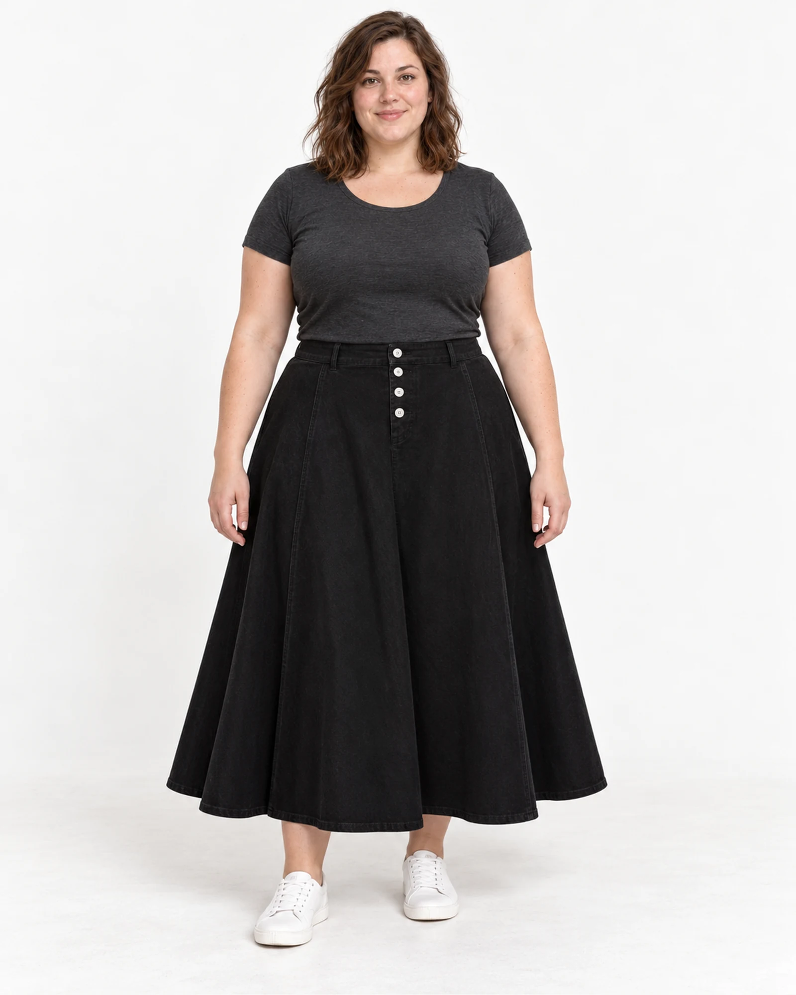 Button-Front Flared Skirt, styling view, SKU FDK156