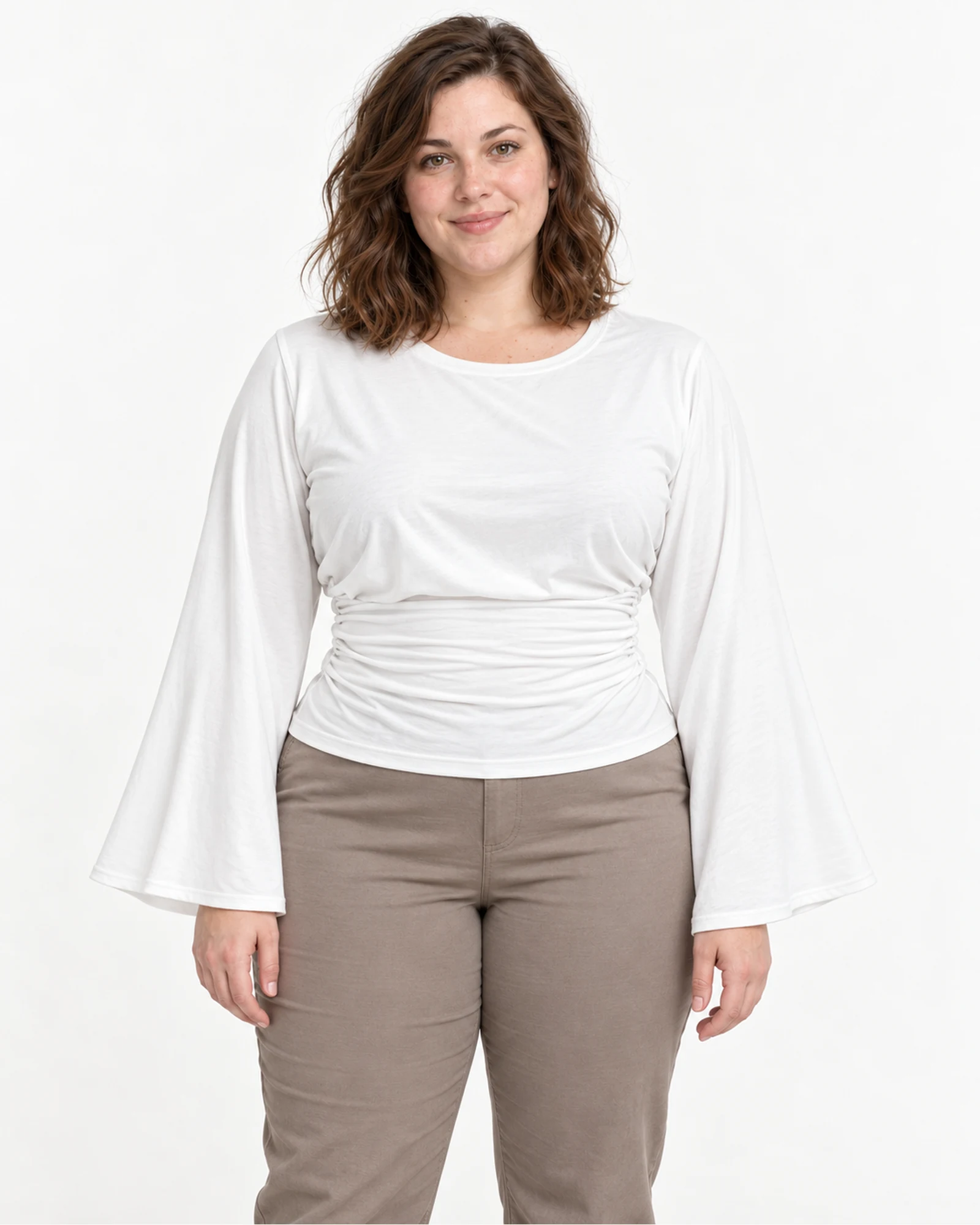 Ruched-Waist Bell-Sleeve Top, styling view, SKU HL1002